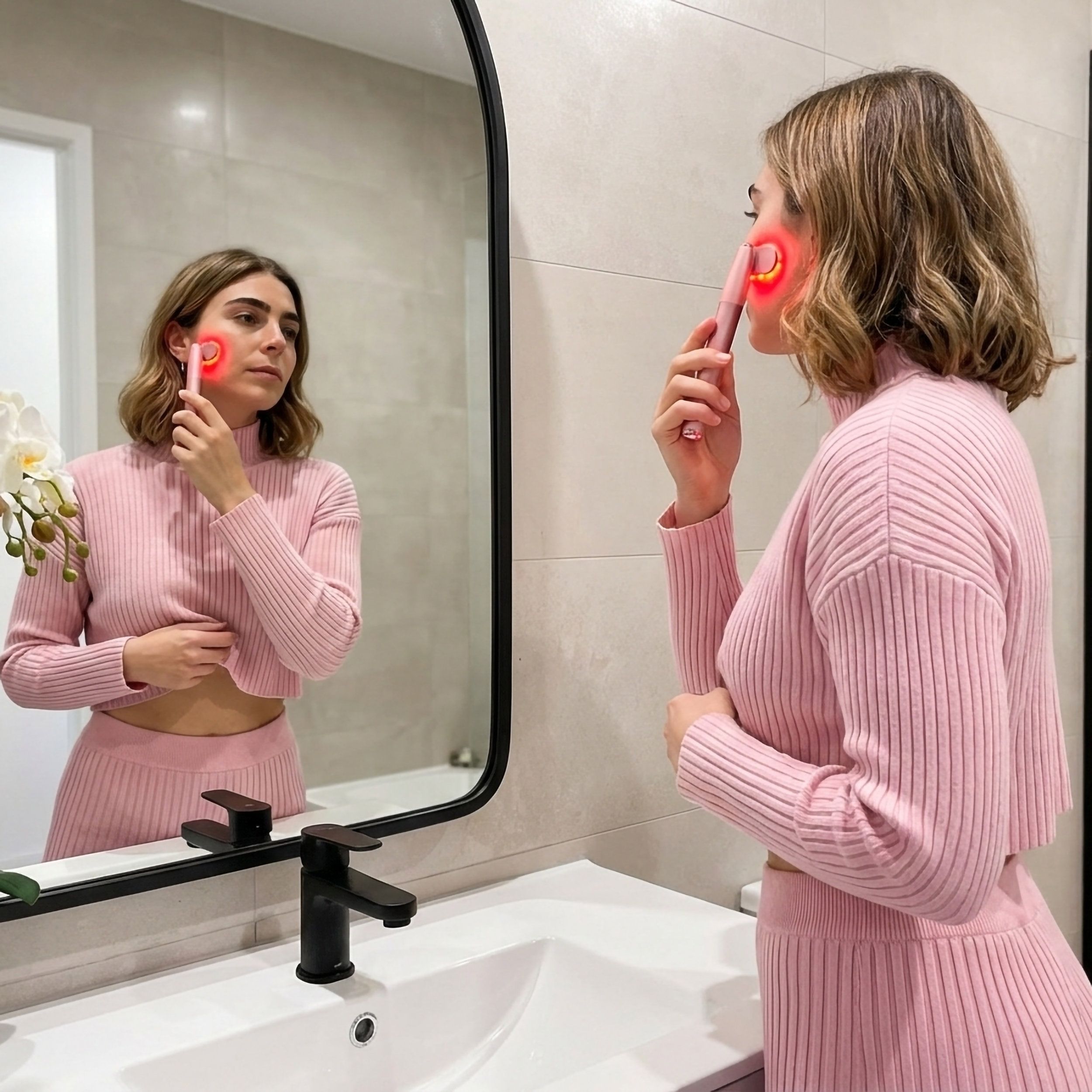Persona tiene dispositivo rosa per la cura della pelle davanti a uno specchio. Luce rossa sulla pelle. Dispositivo con manico.