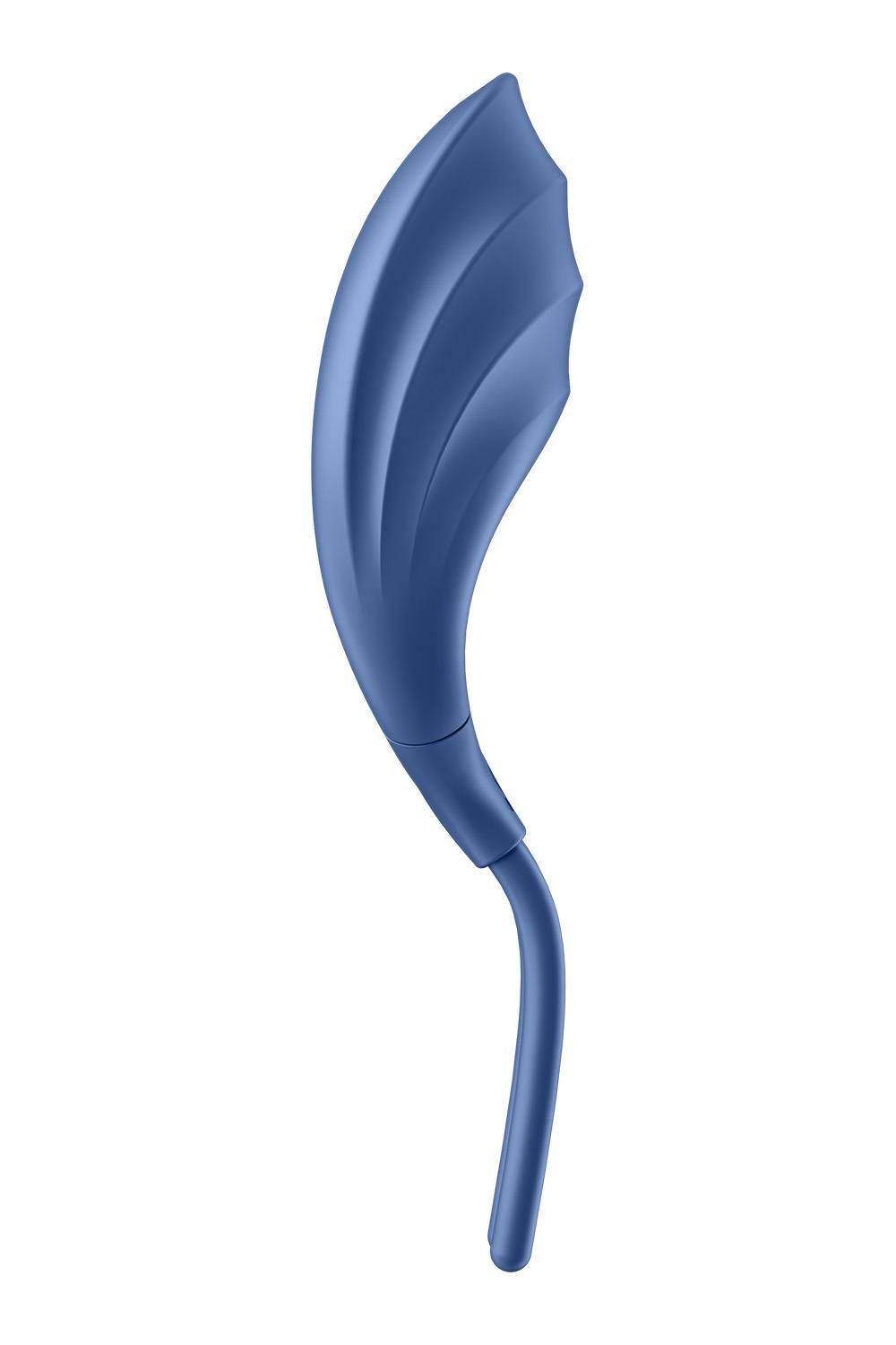 Vibratore ad anello blu con superficie scanalata e uno stelo. Forma allungata e curva.