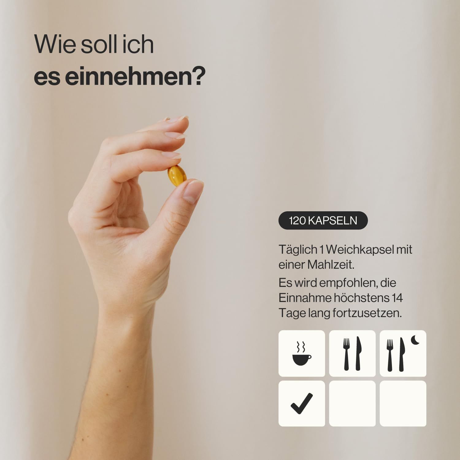 Mano che tiene una capsula gialla. Testo: 120 capsule. Raccomandazioni per l'assunzione con simboli dei pasti.