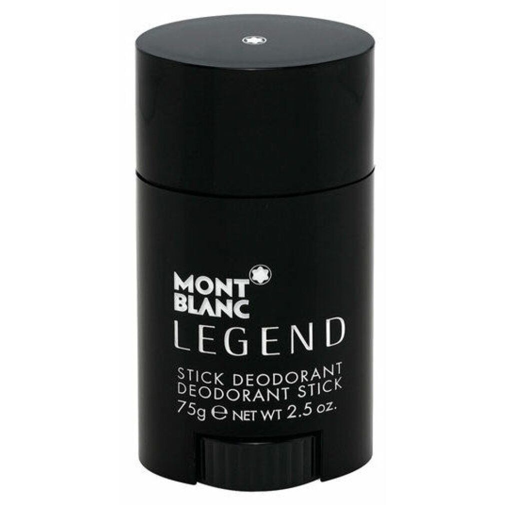 Stick deodorante nero. Scritta: MONTBLANC LEGEND, STICK DEODORANT, 75g e NET WT. 2.5 oz.