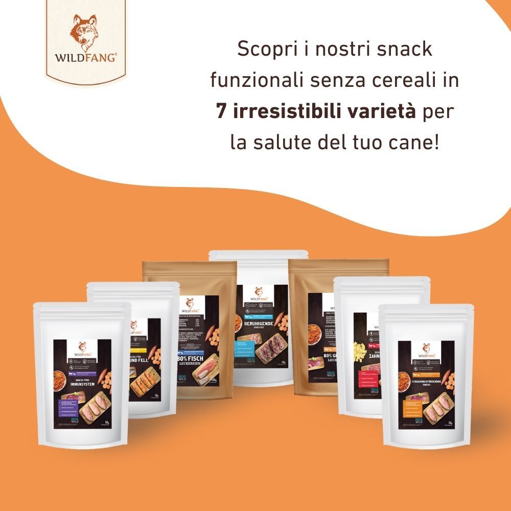Sette sacchetti di snack per cani. Testo: Scopri i nostri snack funzionali senza cereali in 7 irresistibili varietà per la salute del tuo cane!