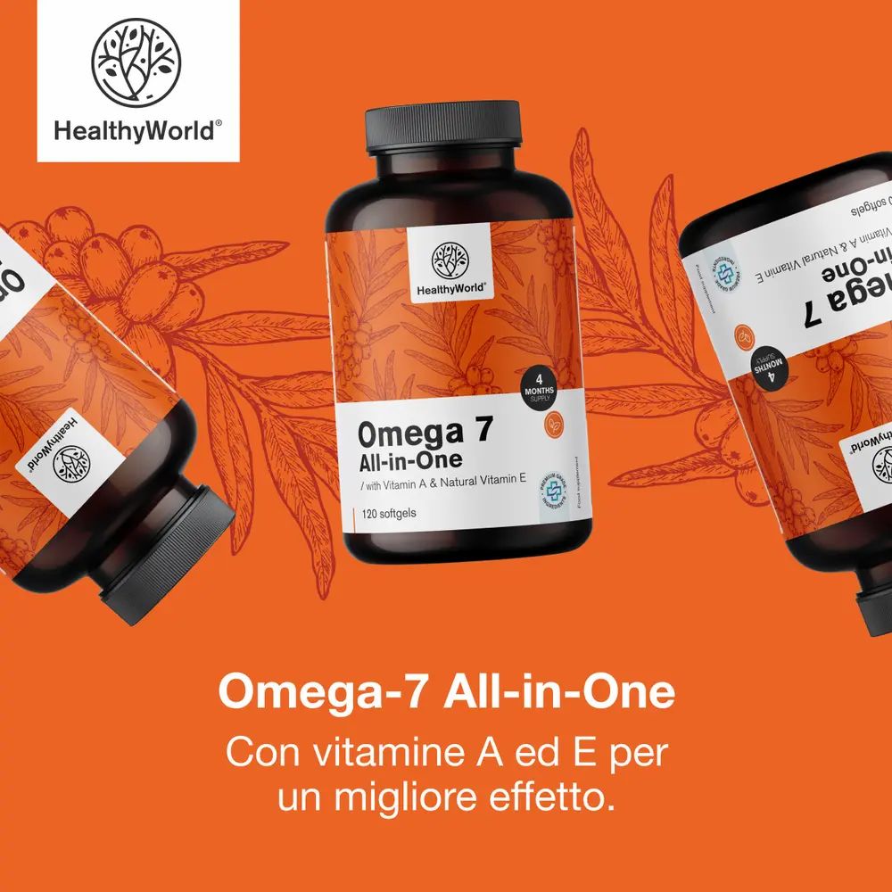 Tre flaconi marroni Omega-7 All-in-One. Testo: Con vitamine A ed E per un migliore effetto. Logo.