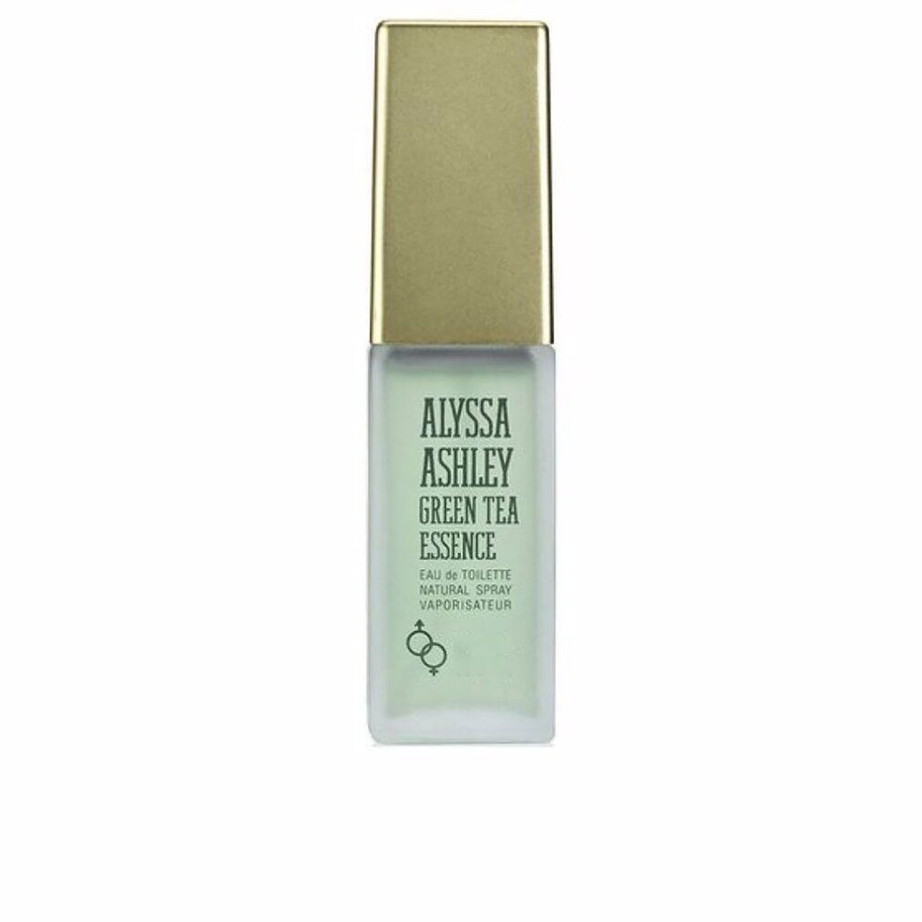 Alyssa Ashley Green Tea Essence Eau de Toilette Spray. Flacone verde con tappo dorato. Testo: Alyssa Ashley, Green Tea Essence.