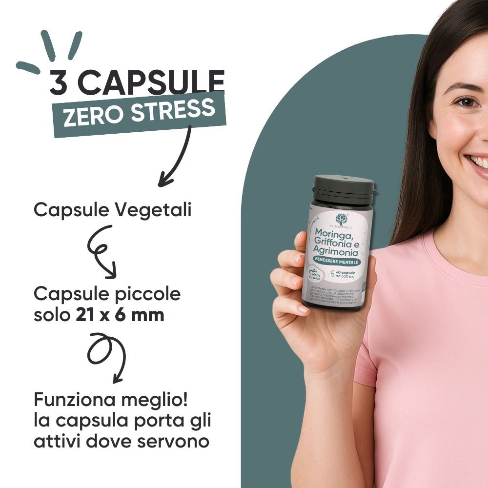 Donna tiene flacone di capsule. Testo: 3 capsule, Zero Stress. Capsule 21x6 mm. Funzionano meglio!
