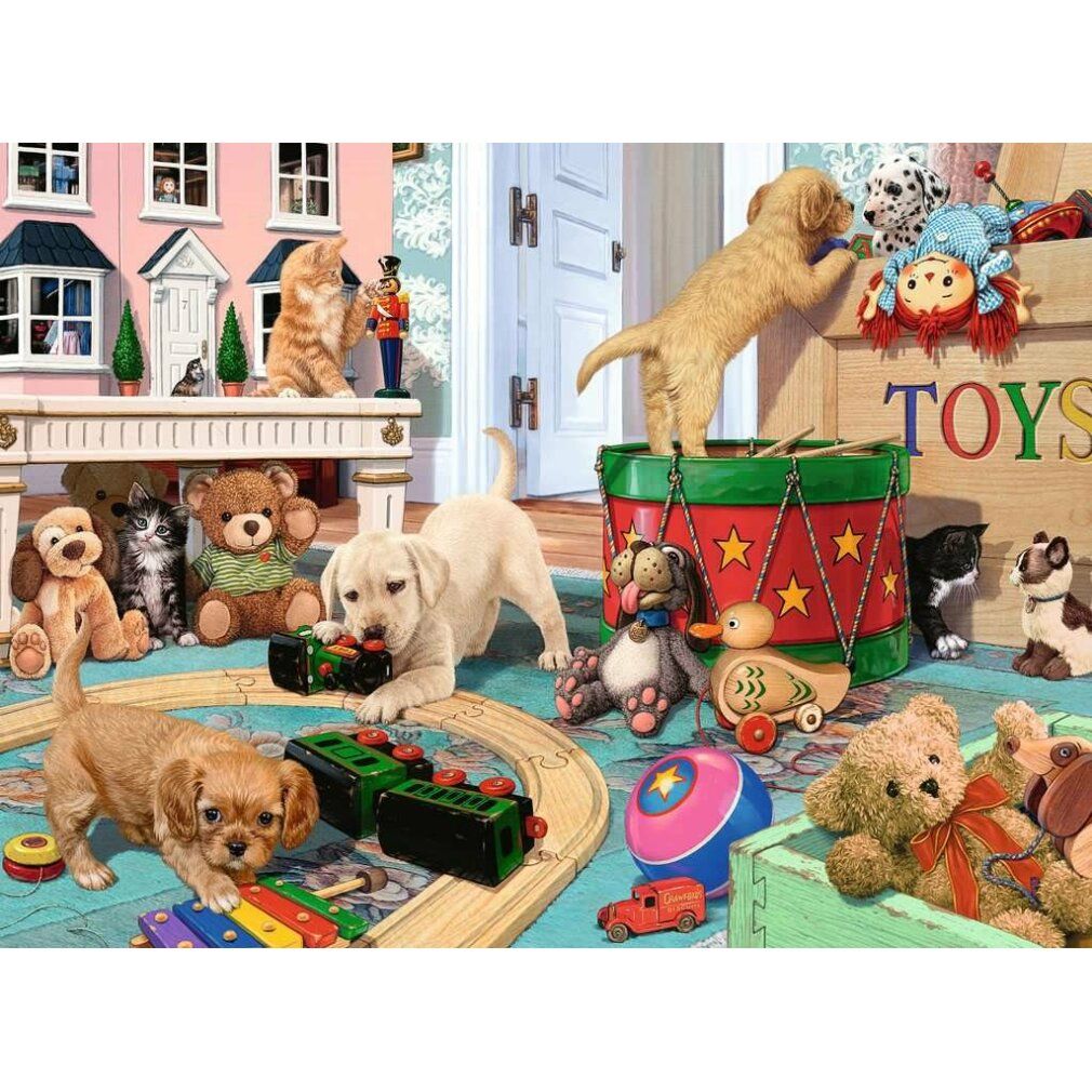 Motivo puzzle con cuccioli e giocattoli. Vari giocattoli, tra cui orsacchiotti e un trenino di legno.