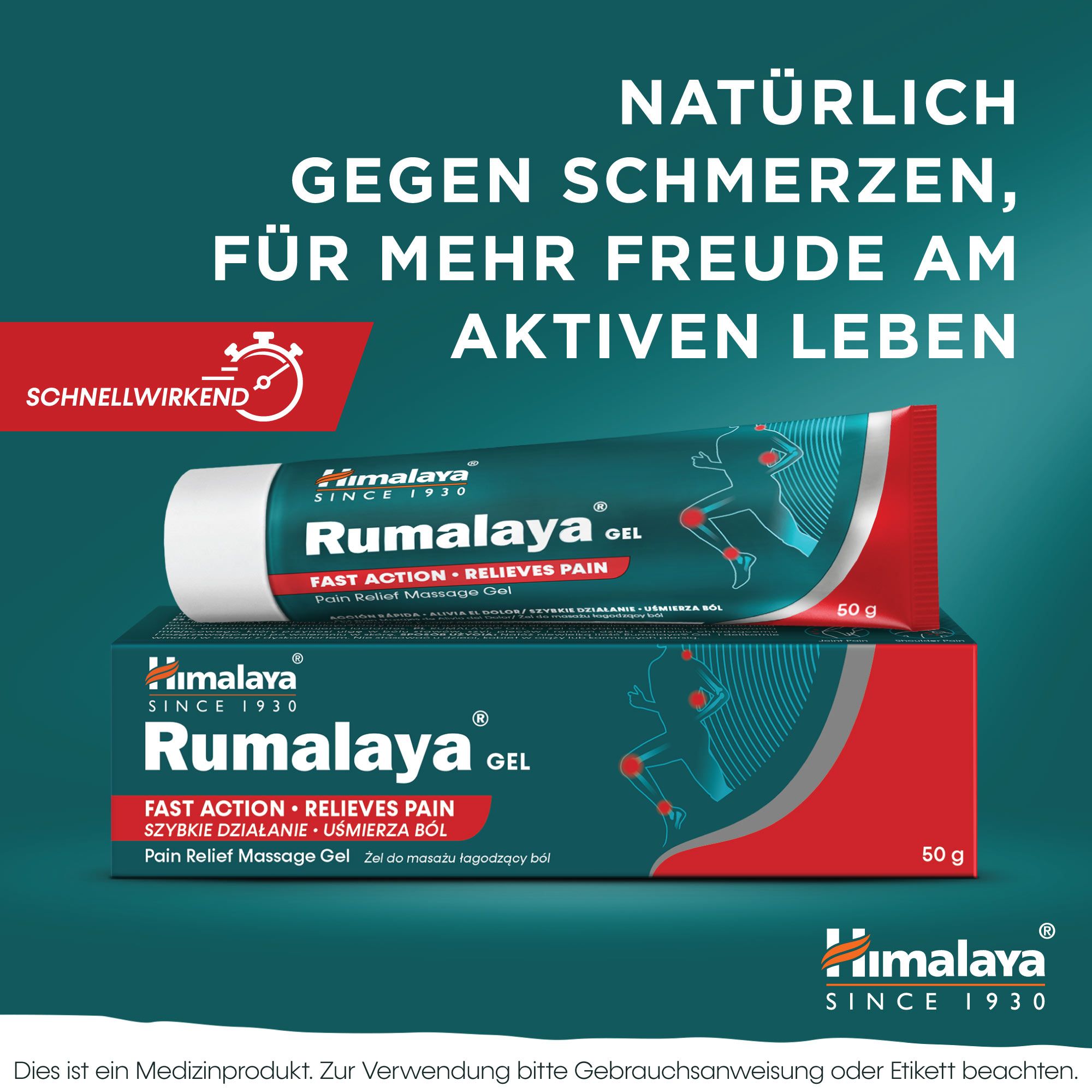 Tubo e scatola Himalaya Rumalaya Gel, 50g, con indicazioni per il sollievo dal dolore.