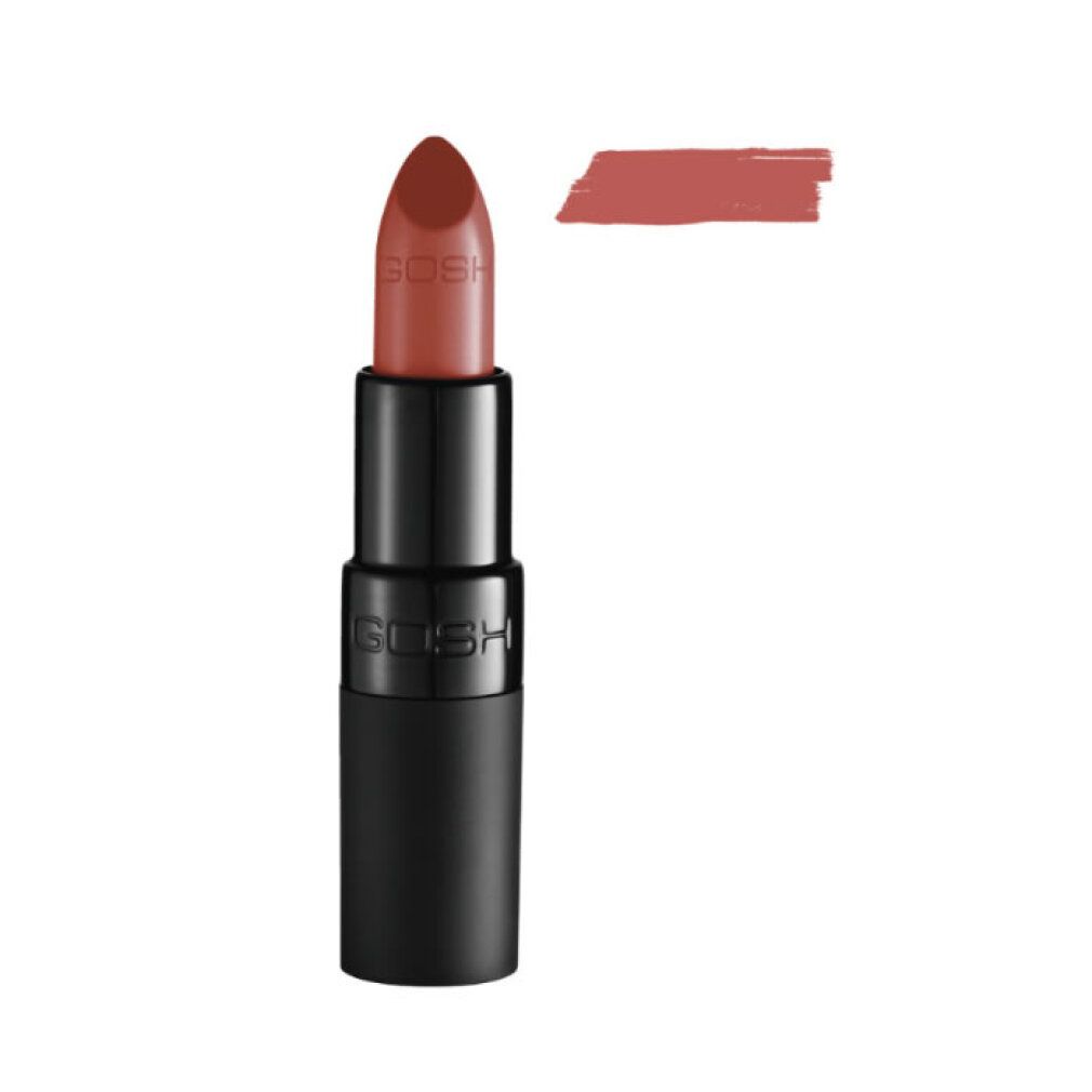 Gosh Velvet Touch Lipstick 122 Nougat, rossetto esteso in un astuccio nero con una striscia di colore.