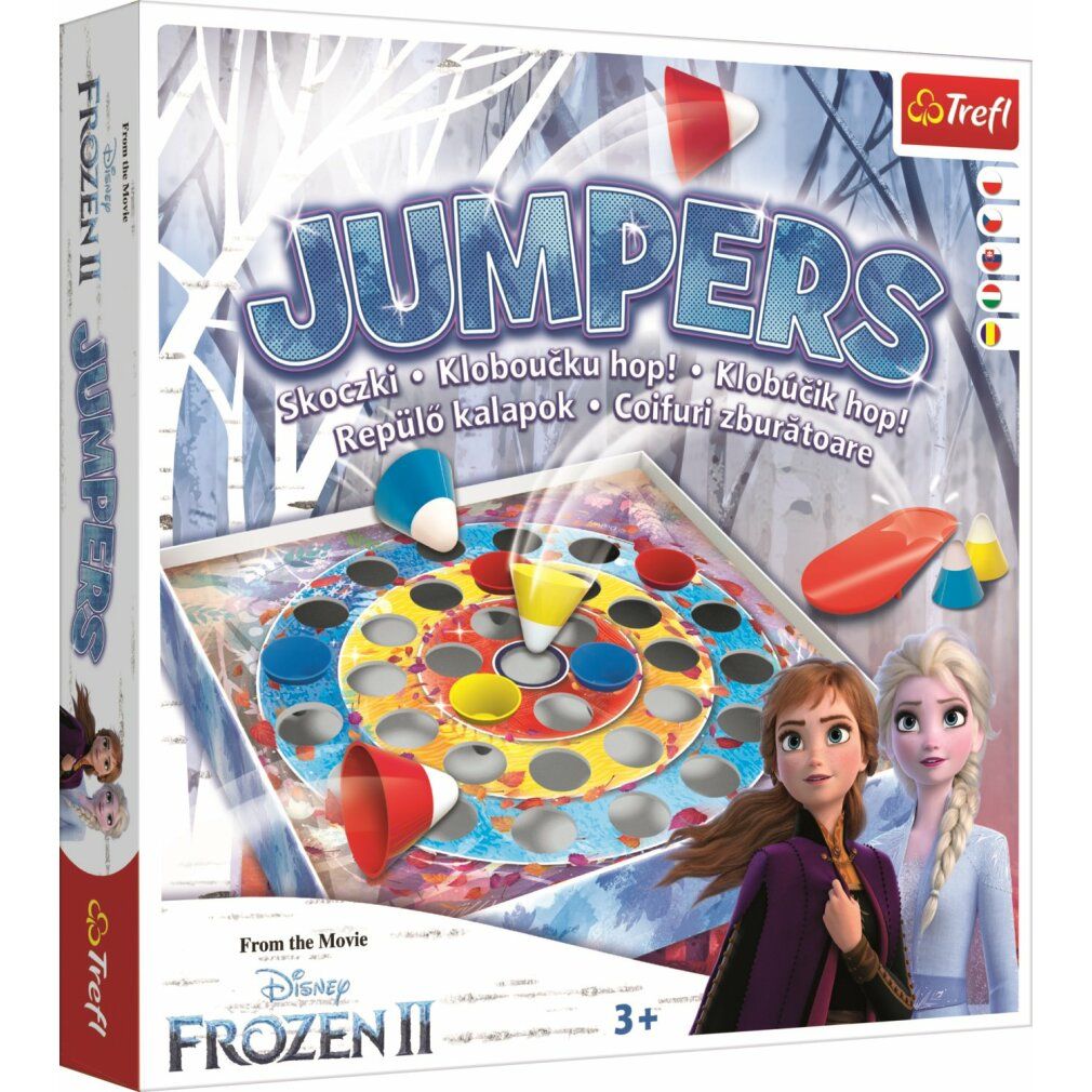 Gioco "Jumpers" con tabellone, personaggi e confezione. Tema Disney Frozen II. Personaggi rossi, gialli, blu e bianchi.