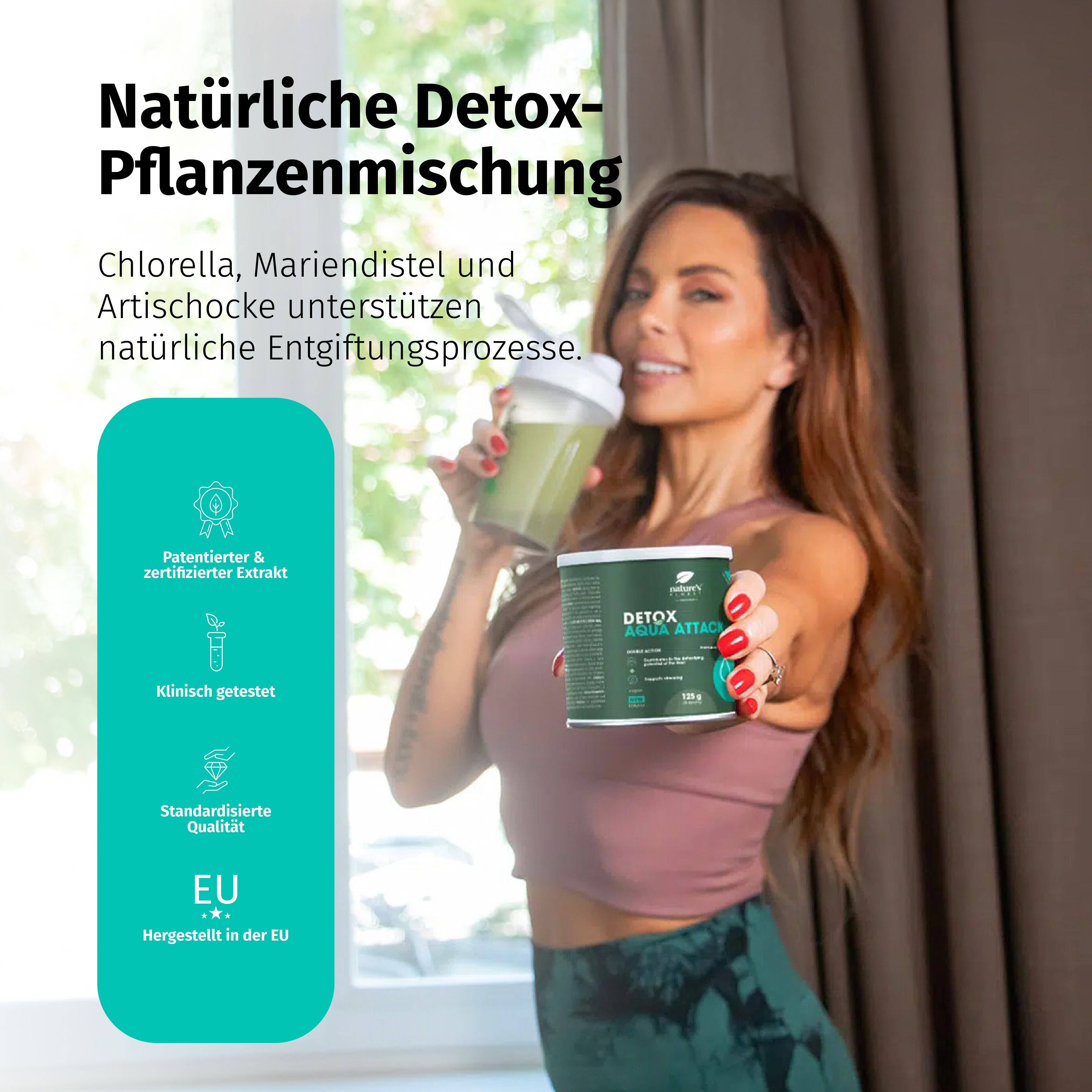 Donna tiene lattina Nature's Finest Detox Aqua Attack, beve da shaker. A sinistra: sigilli e certificati.