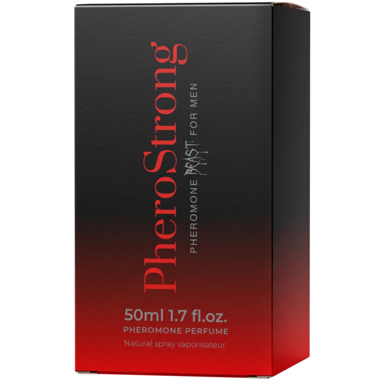 Scatola. Nera con sfumatura rossa. Scritta PheroStrong, Beast for Men. 50ml.