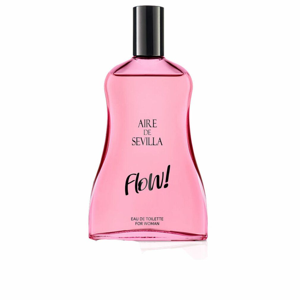 Flacone rosa con tappo nero. Scritta: Aire de Sevilla Flow! Eau de Toilette.