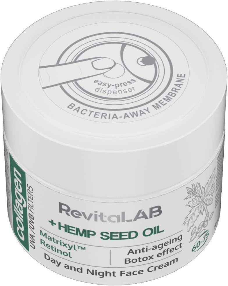 Vasetto bianco con coperchio. Scritta: RevitaLAB + Olio di semi di canapa, Matrixyl, Retinolo, Anti-età, Effetto Botox. Crema giorno e notte. Erogatore.