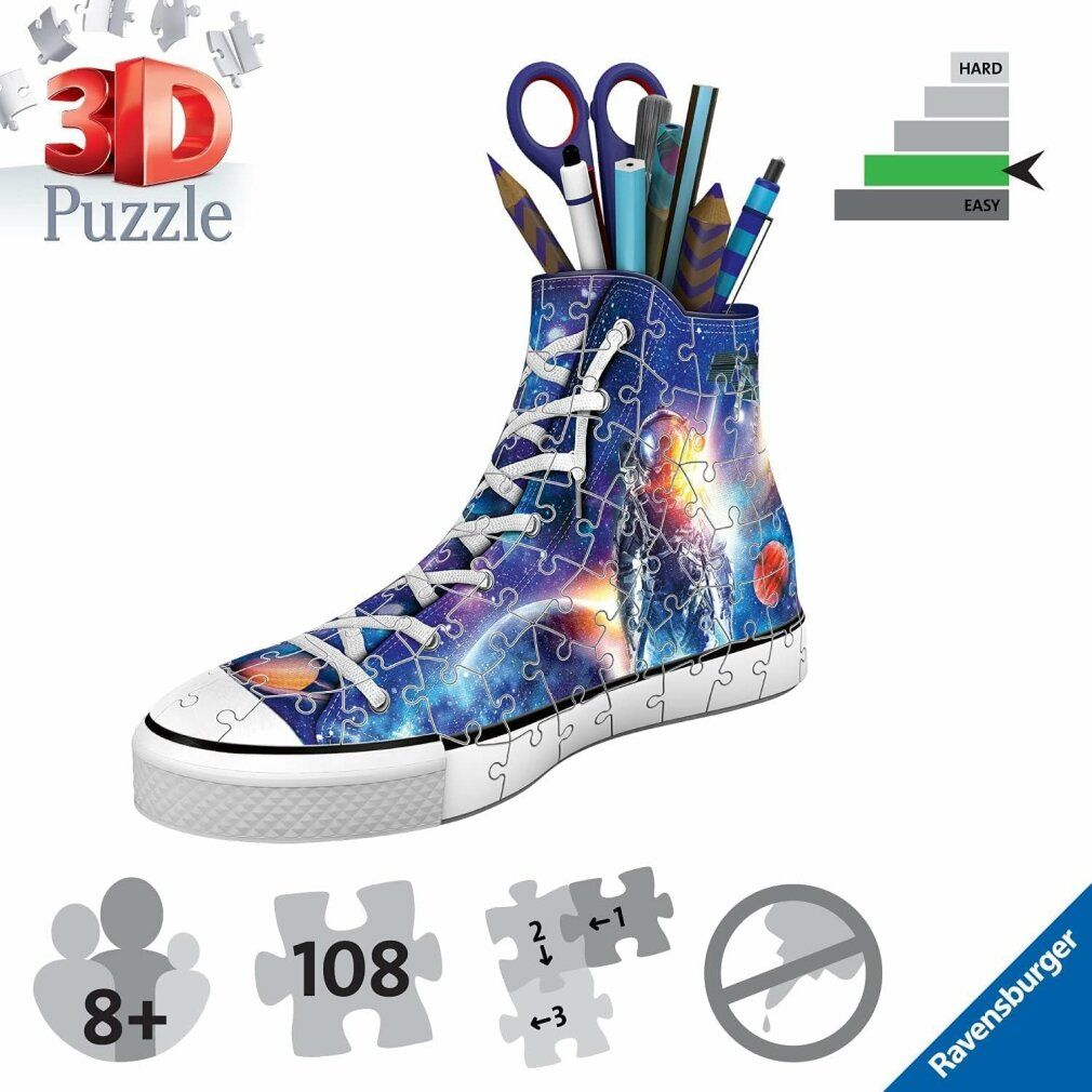 Puzzle 3D Sneaker Galaxy, a forma di scarpa, riempito di penne. Pezzi del puzzle con design spaziale. Età consigliata: 8+.