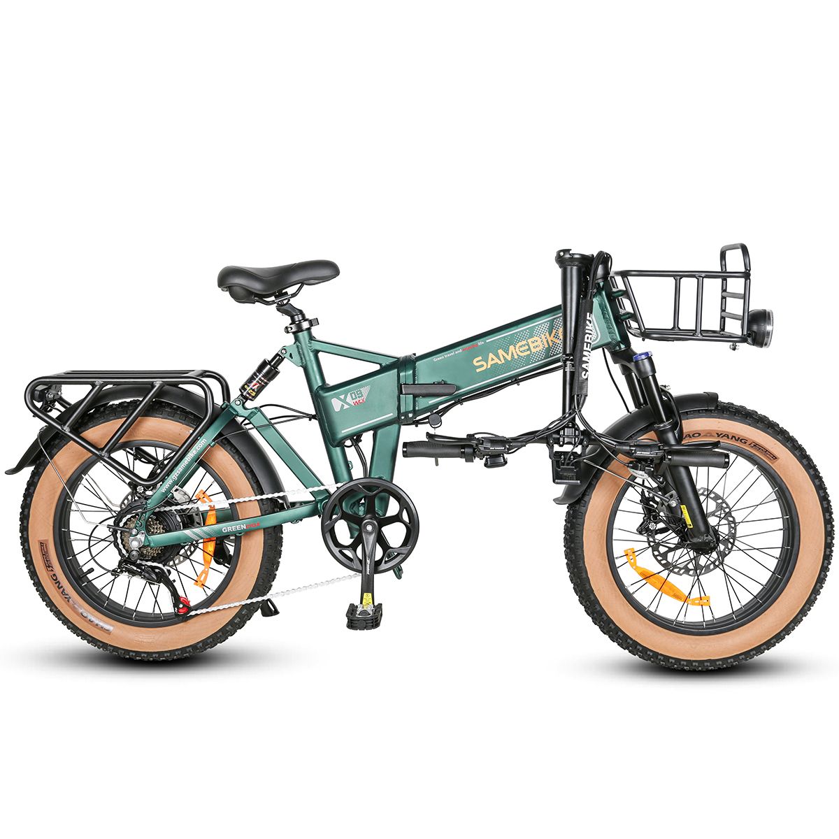 Bicicletta elettrica SAMEBIKE XWLX09-II verde piegata. Cestino, portapacchi e pneumatici larghi visibili. Dettagli neri.