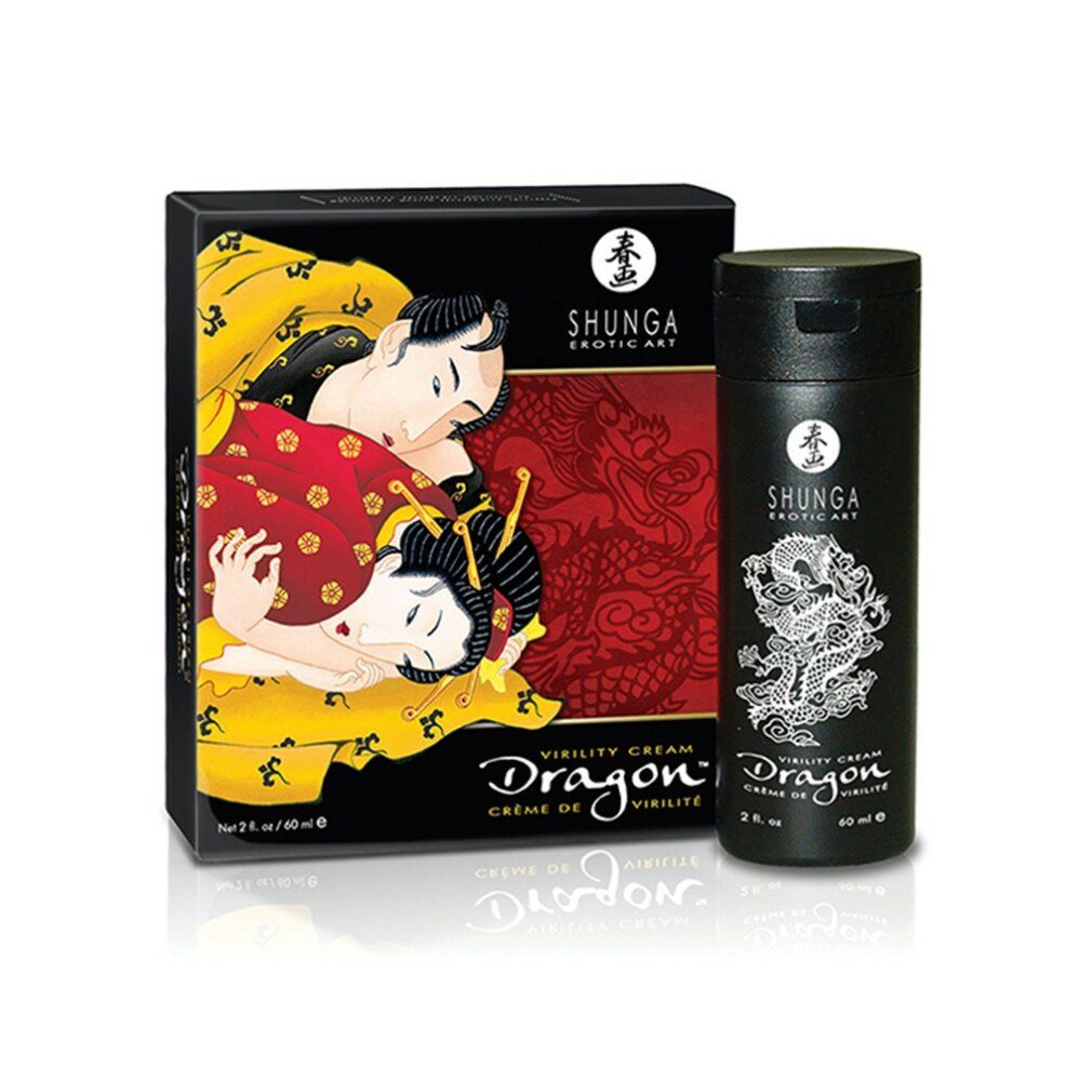 Flacone e scatola neri. Sul flacone: drago bianco, scritta Dragon, Crème de Virilité. Sulla scatola: illustrazione, scritta Dragon.