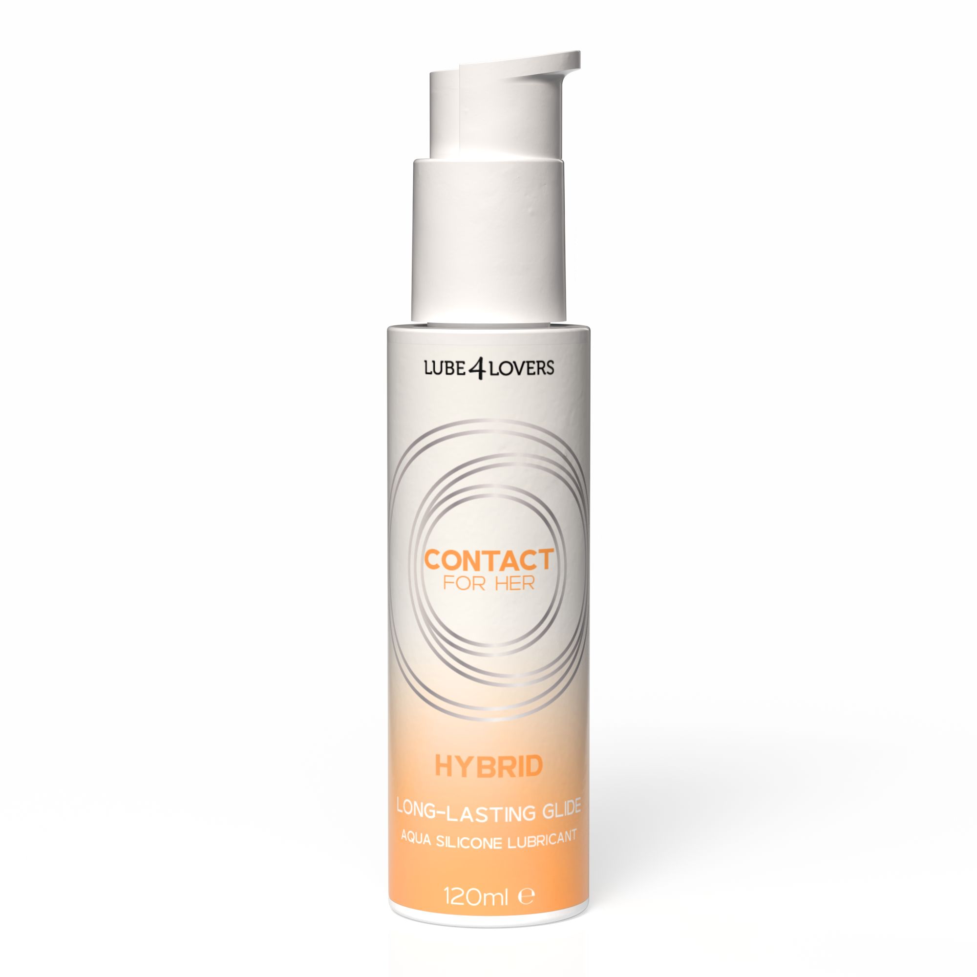 Flacone con testo: CONTACT FOR HER, HYBRID, LONG-LASTING GLIDE, AQUA SILICONE LUBRICANT. Marchio: LUBE 4 LOVERS. Sfumatura bianco-arancio.