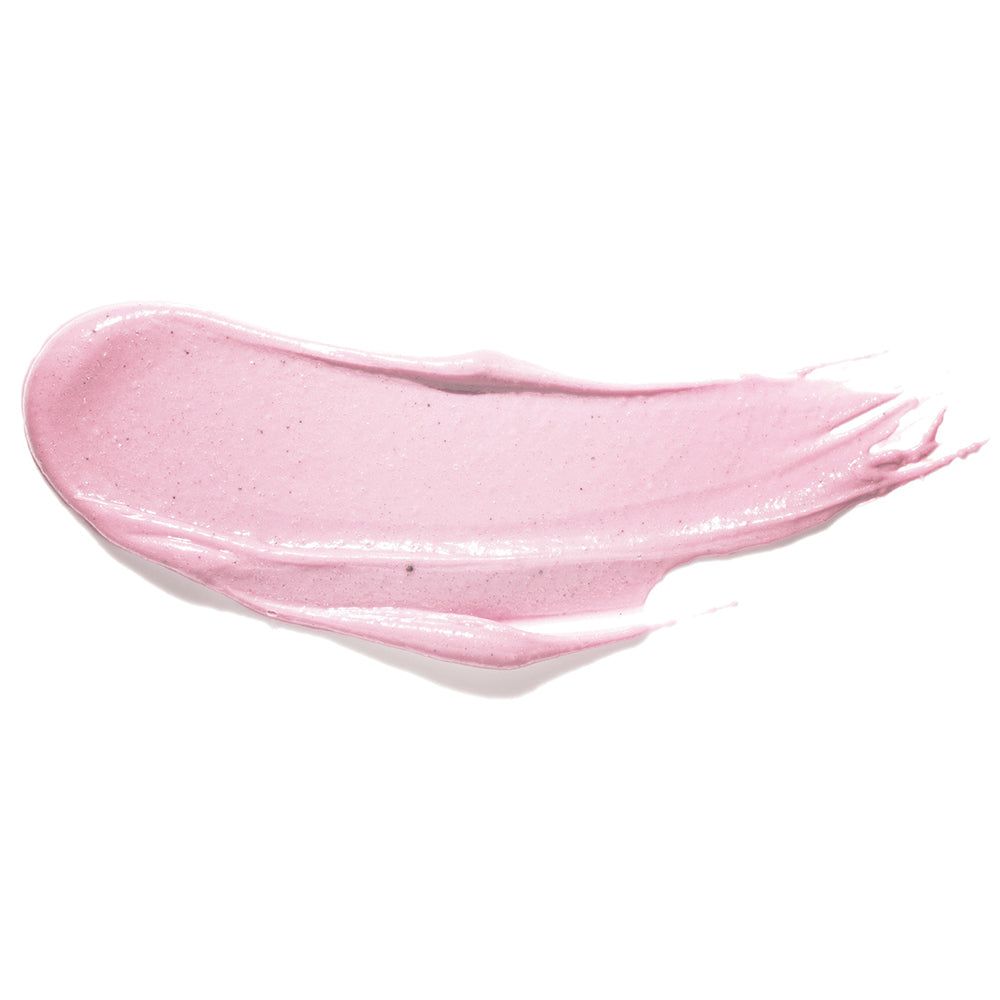 Campione di maschera viso rosa su sfondo bianco. Consistenza: liscia, pastosa.