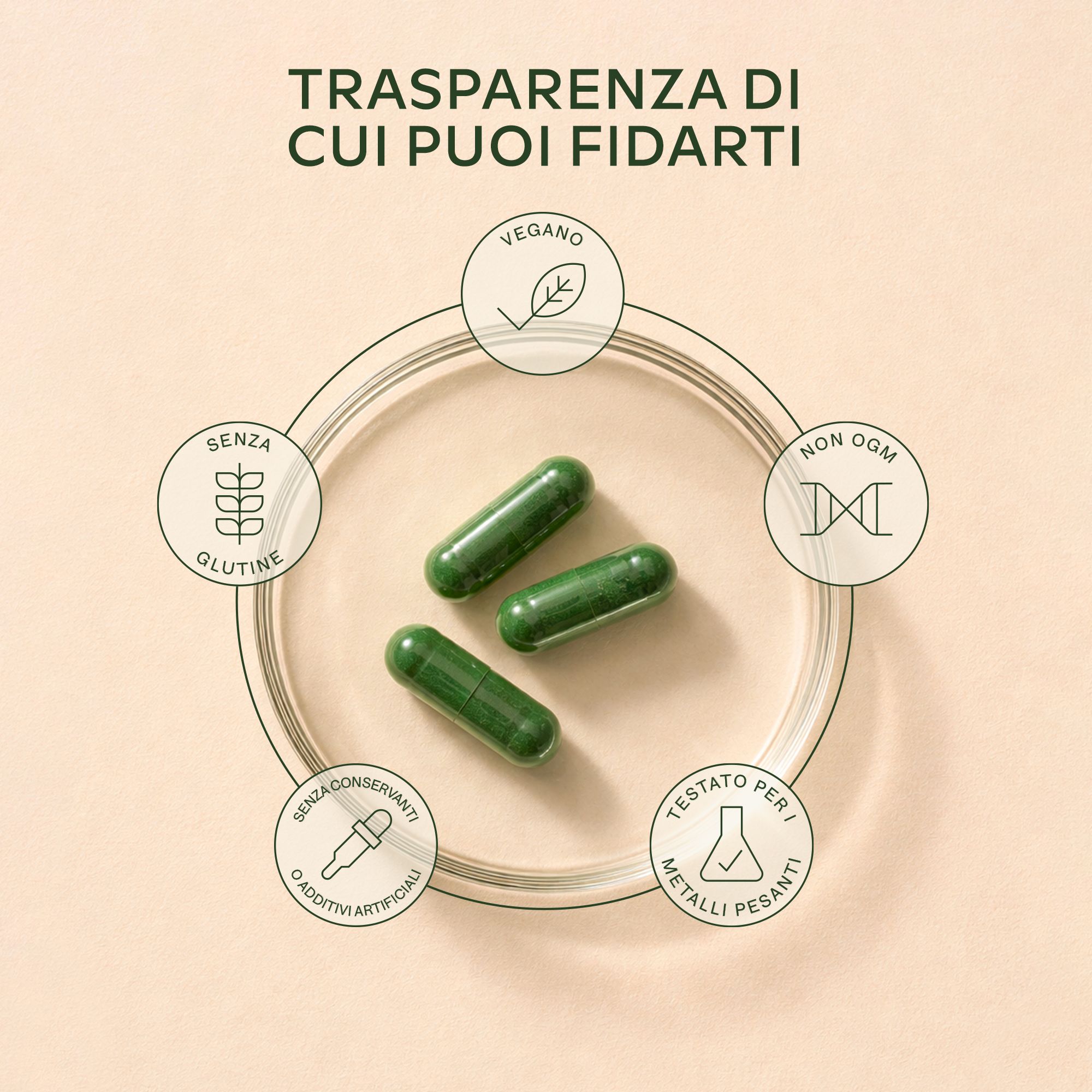 Tre capsule verdi circondate da icone vegan, senza glutine, senza OGM.