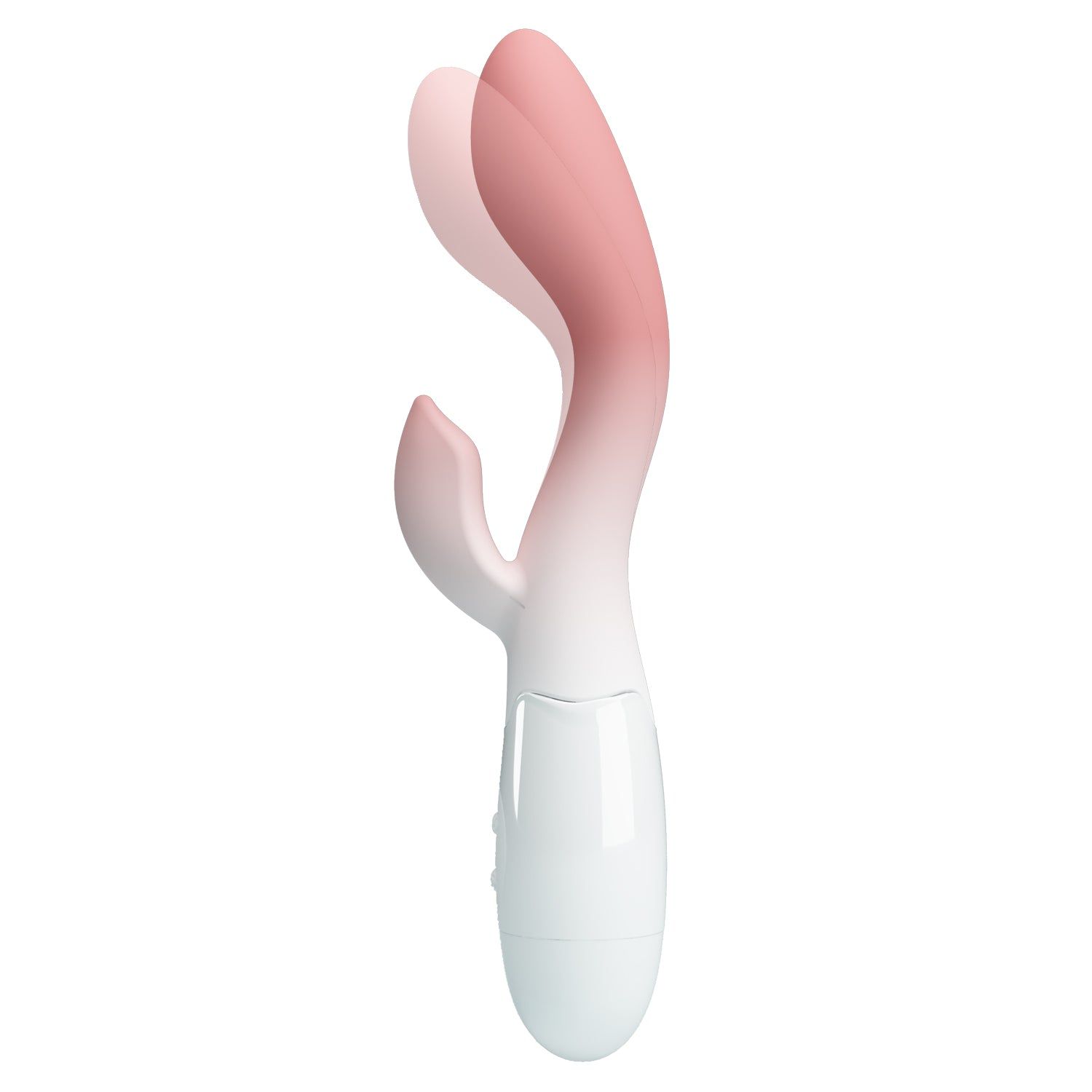 Vibratore bianco e rosa. Testa rosa, manico bianco. Forma curva con due pulsanti.