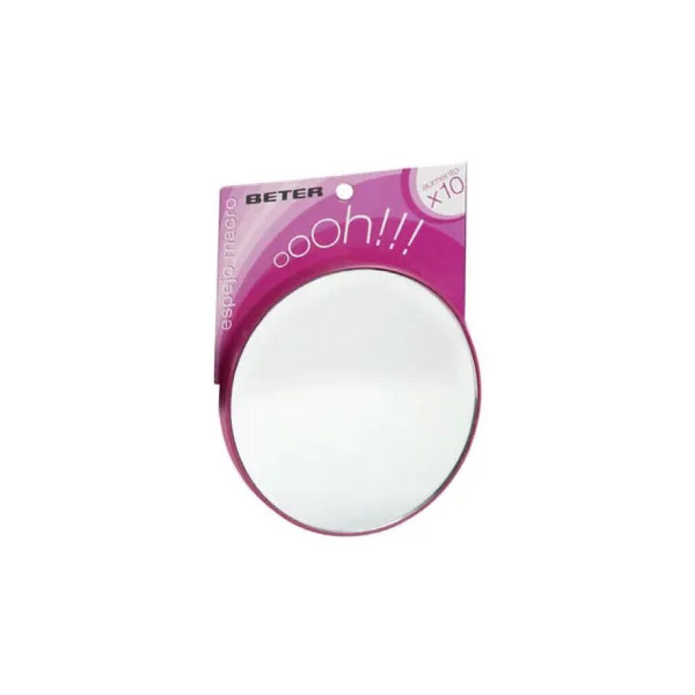 Specchio rotondo con ventosa, confezionato. Marchio Beter, confezione rosa con "ooh!!!" e "x10".