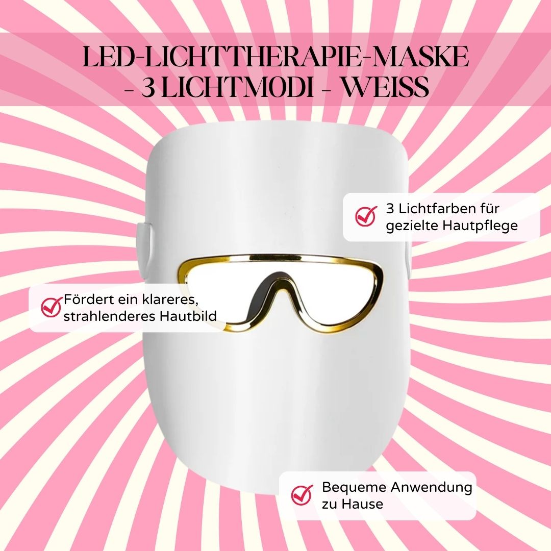 Maschera per terapia della luce a LED bianca con montatura dorata. Testo: 3 modalità luce, pelle più chiara, facile utilizzo.