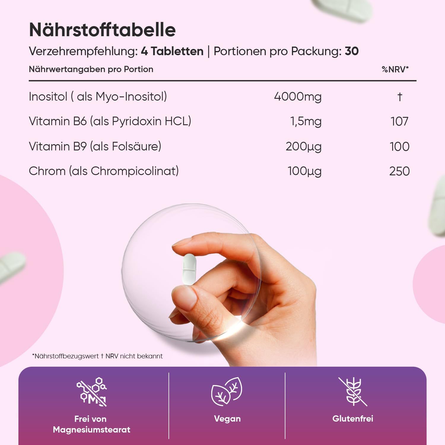 Tabella nutrizionale per WeightWorld MYO-INOSITOL. Contiene inositolo, vitamina B6, B9 e cromo. Informazioni su %VNR.