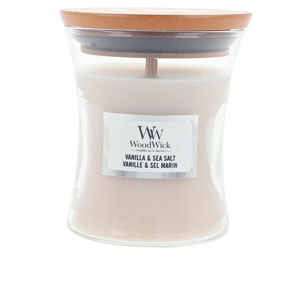 Candela a forma di clessidra con coperchio. Etichetta "Vanilla & Sea Salt".