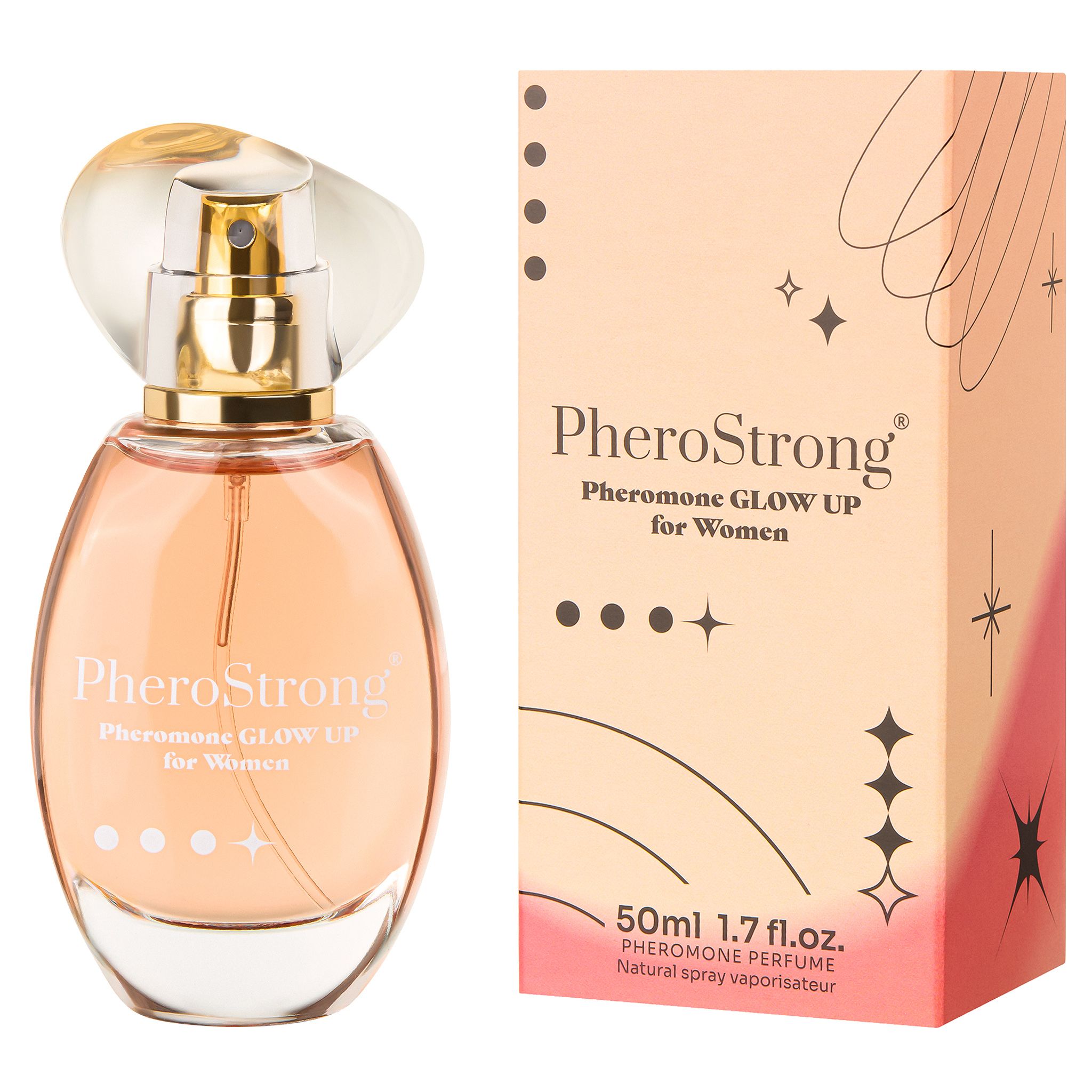 Flacone di profumo PheroStrong Pheromone GLOW UP for Women su sfondo bianco.