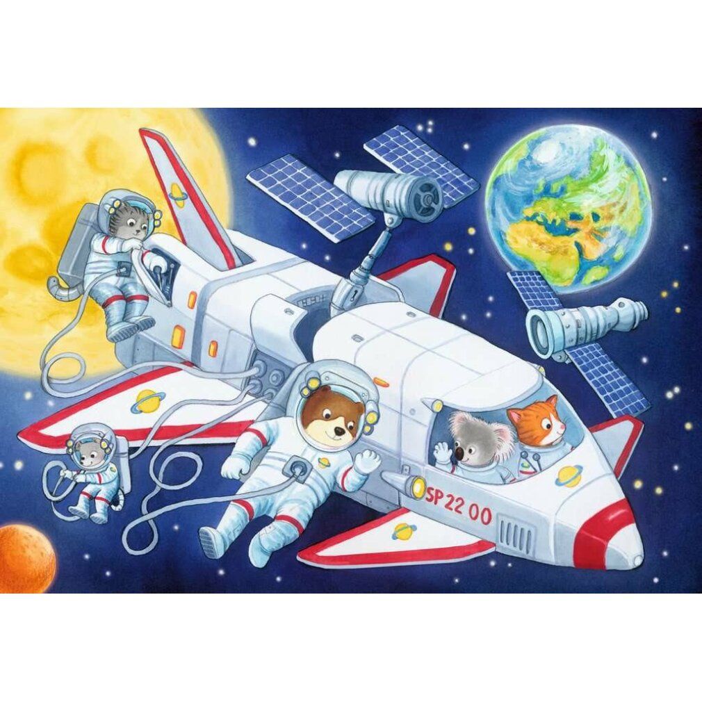 Puzzle con motivo spaziale. Animali astronauti in navetta spaziale. Terra e luna sullo sfondo.