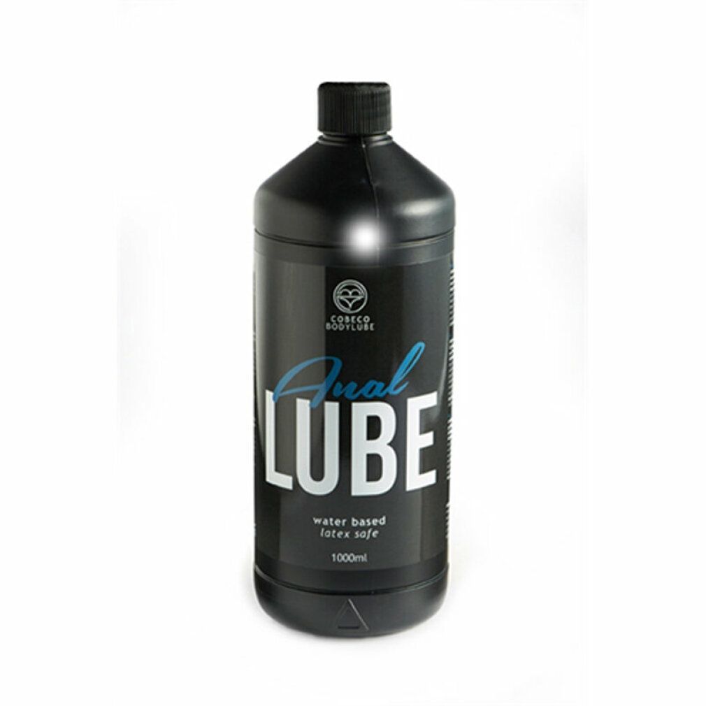 Flacone nero con tappo nero. Scritta: Anal LUBE, water based, latex safe, 1000ml. Logo: Cobeco Bodylube.