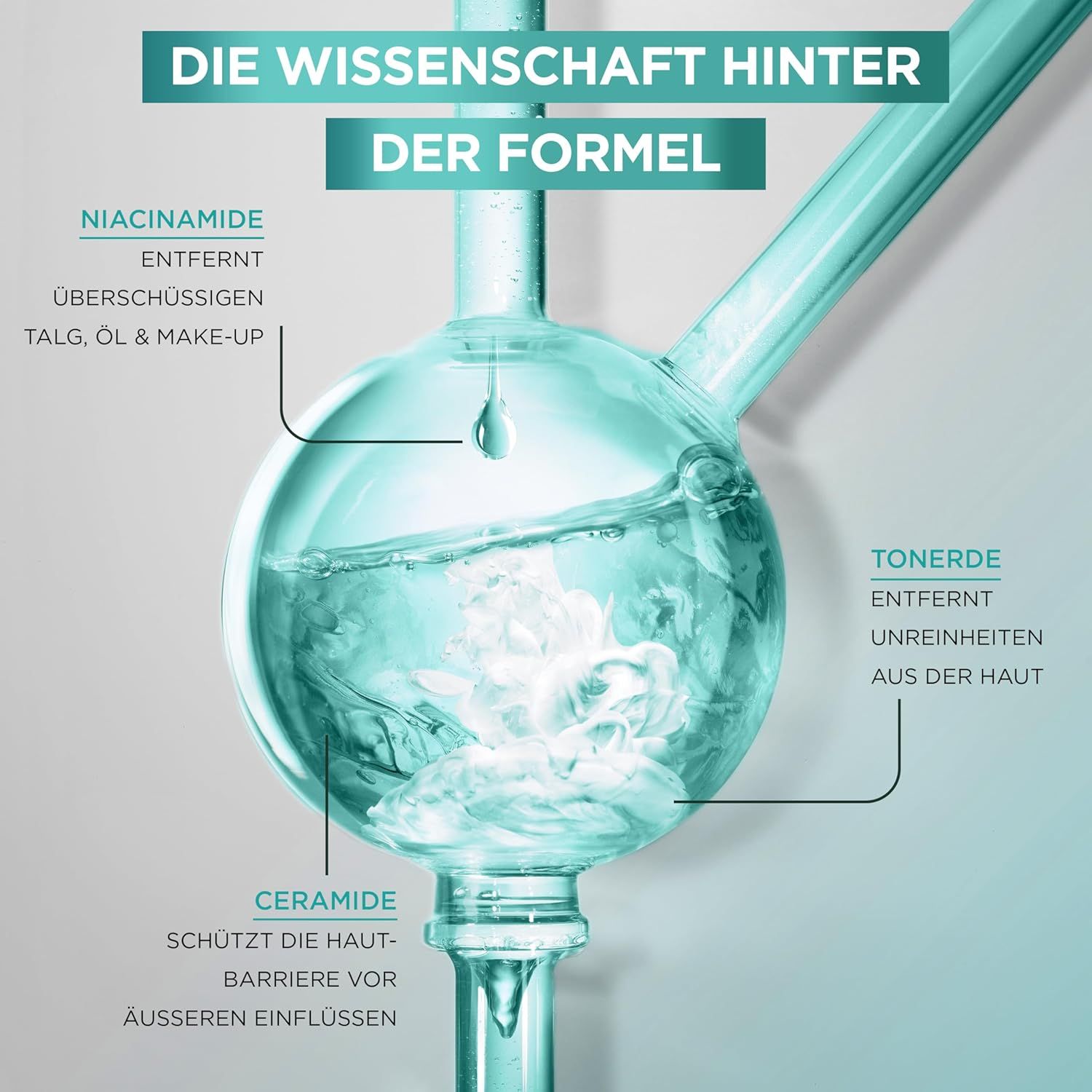 Rappresentazione grafica della formula. Testo: Niacinamide, Argilla, Ceramidi. Ingredienti e loro effetti.