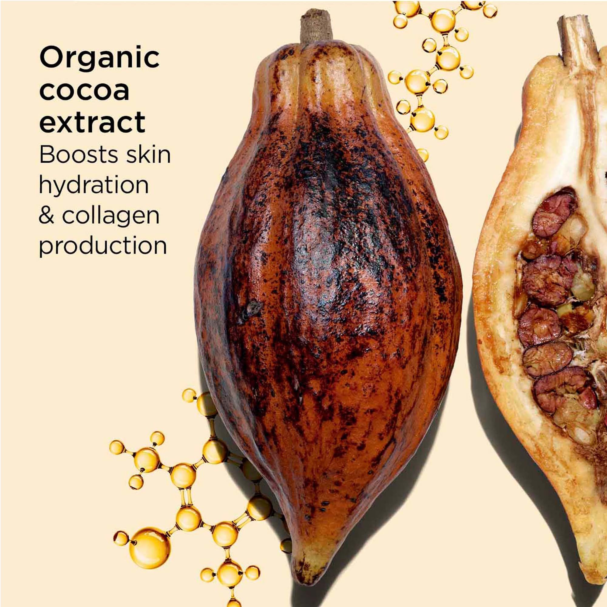 Due fave di cacao, una tagliata. Testo: Organic Cocoa Extract. Boosts skin hydration & collagen production.