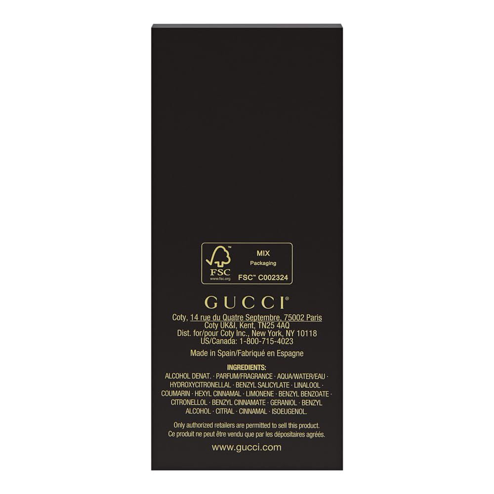 Confezione nera con motivo floreale. Scritta: GUCCI. Logo FSC. Ingredienti e informazioni produttore.