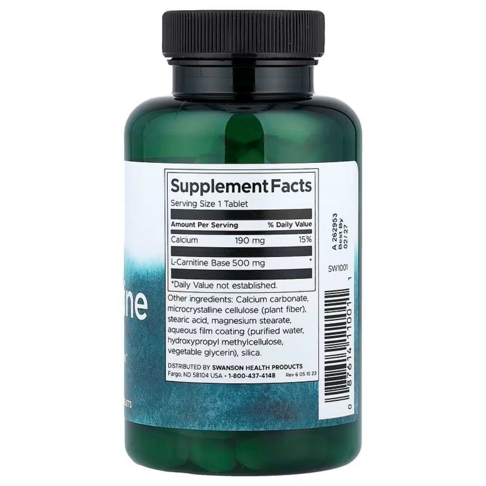 Retro di una bottiglia di L-Carnitina 500 mg Swanson con informazioni nutrizionali e ingredienti.