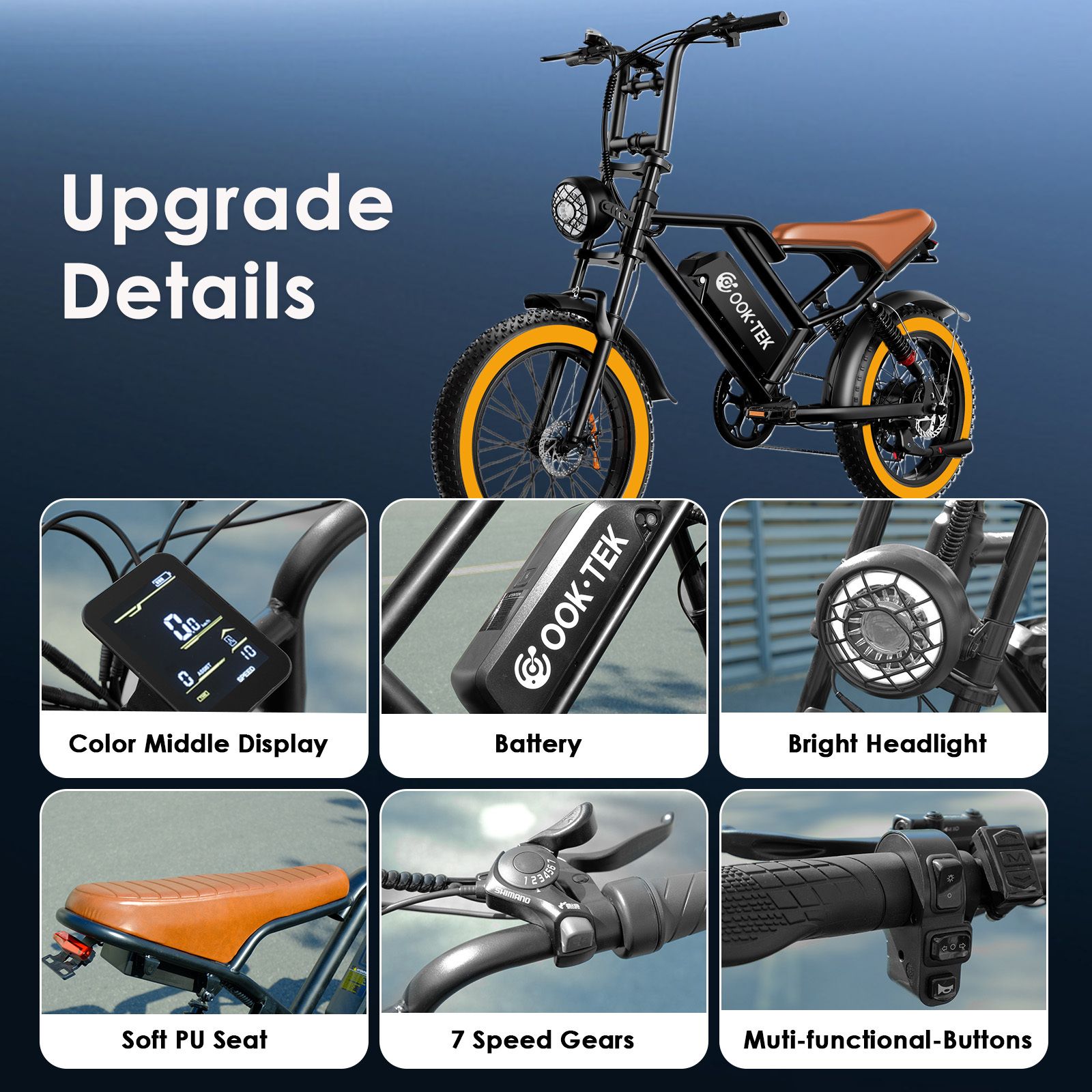 Dettagli e-bike: display a colori, batteria, faro luminoso, sella in PU morbida, cambio a 7 marce, pulsanti multifunzione.
