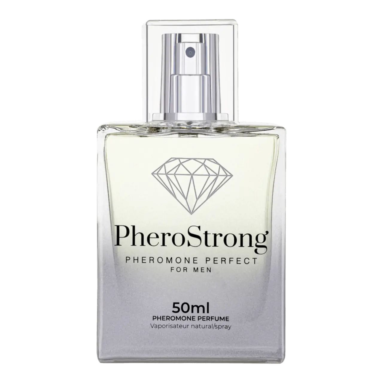 Flacone di profumo con vaporizzatore, base argentata e logo. Scritta: PheroStrong, Pheromone Perfect for Men, 50ml.