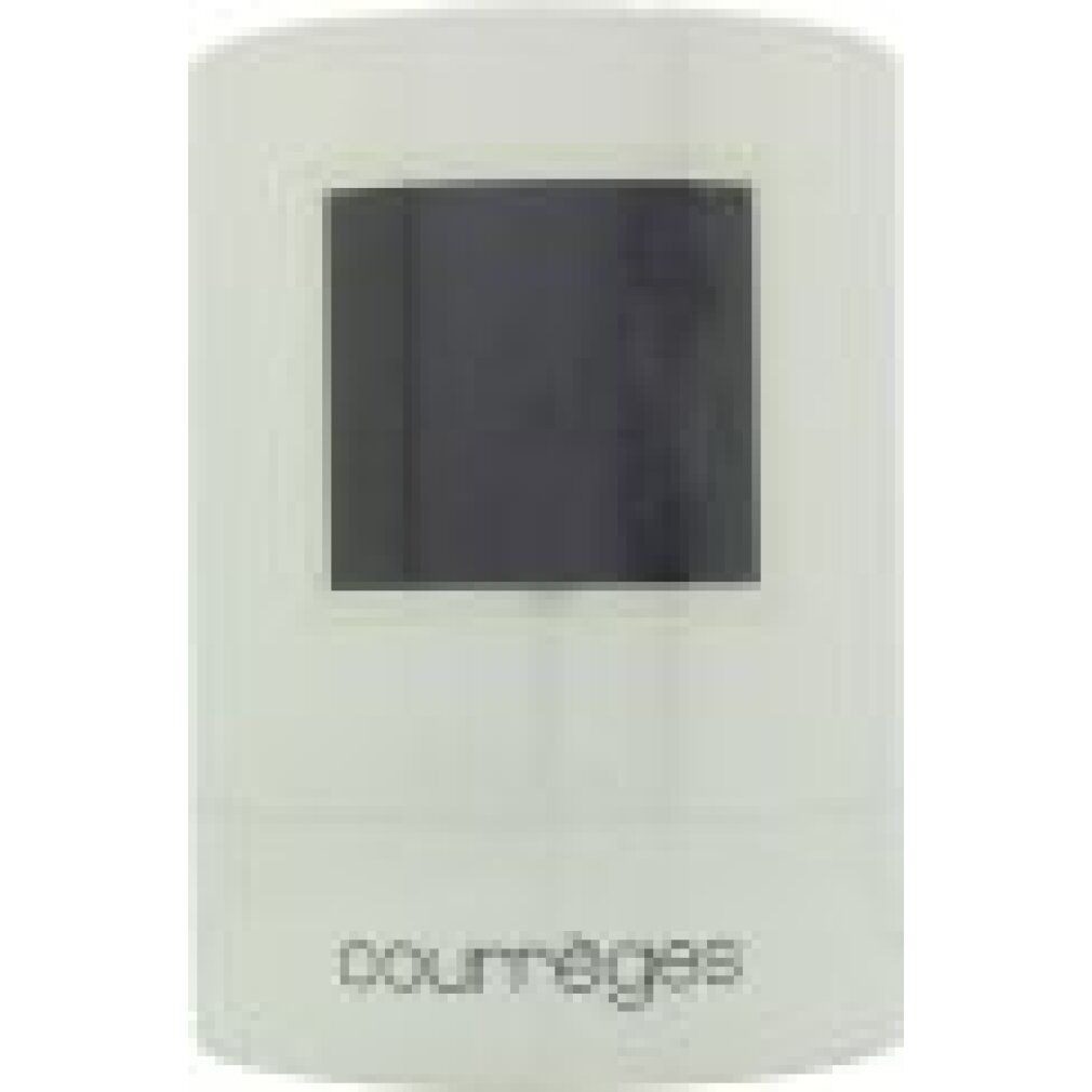 Candela cilindrica bianca con rettangolo nero. Sotto, la scritta "courrèges".