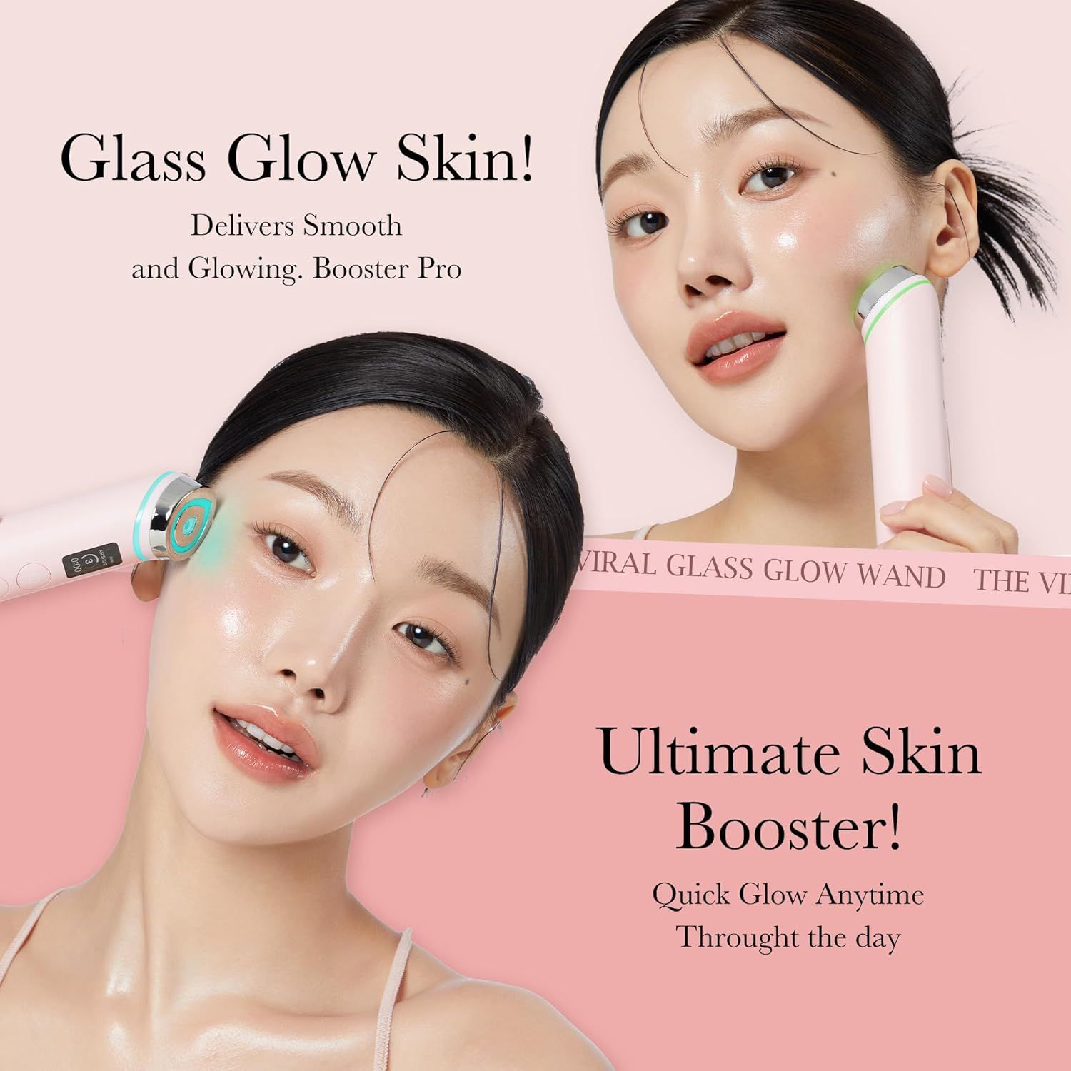 Bacchetta di bellezza rosa. Due donne la usano. Testo: Glass Glow Skin! Ultimate Skin Booster!