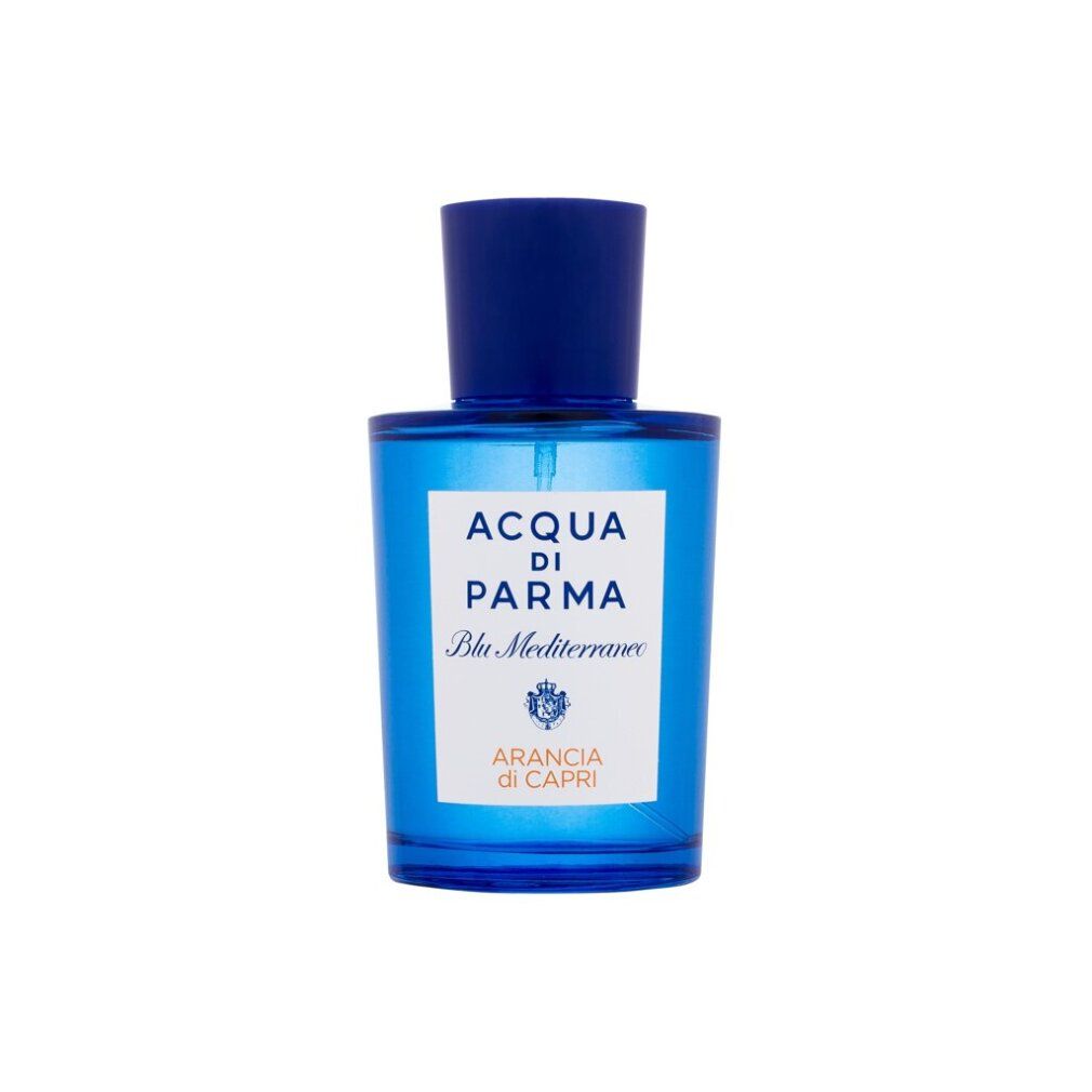 Flacone di profumo blu. Etichetta: ACQUA DI PARMA Blu Mediterraneo Arancia di Capri. Flacone con tappo blu.