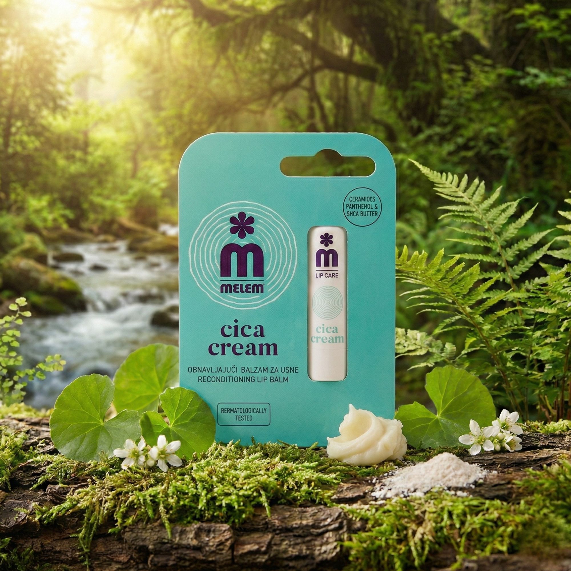 Melem Cica Cream, stick labbra rigenerante, in confezione. Confezione turchese e bianca, stick bianco. Fiori, foglie, crema e polvere su muschio e legno.