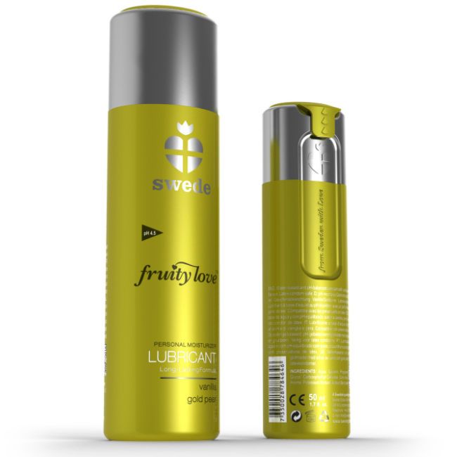 Due flaconi di lubrificante Swede Fruity Love giallo oro, uno grande e uno piccolo.