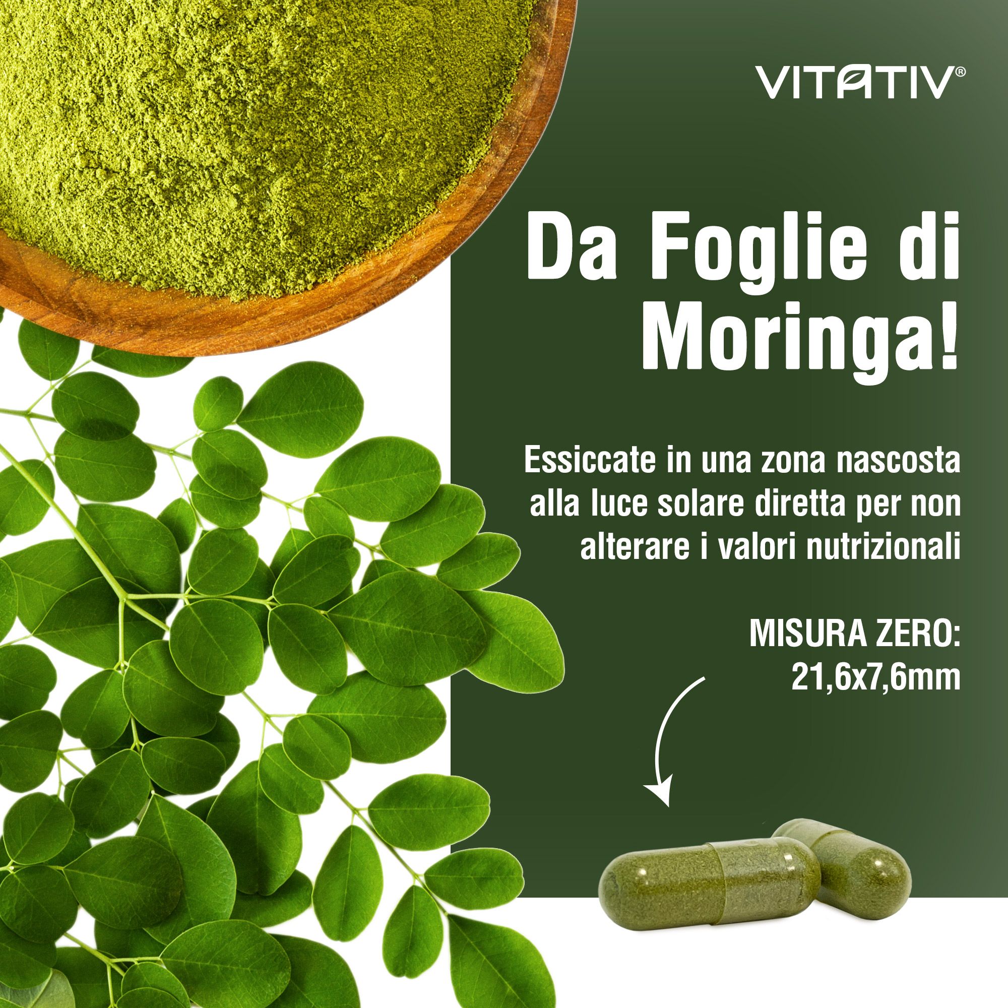 Due capsule verdi di polvere di Moringa, foglie fresche di Moringa e polvere in una ciotola di legno. Marca: VITATIV.
