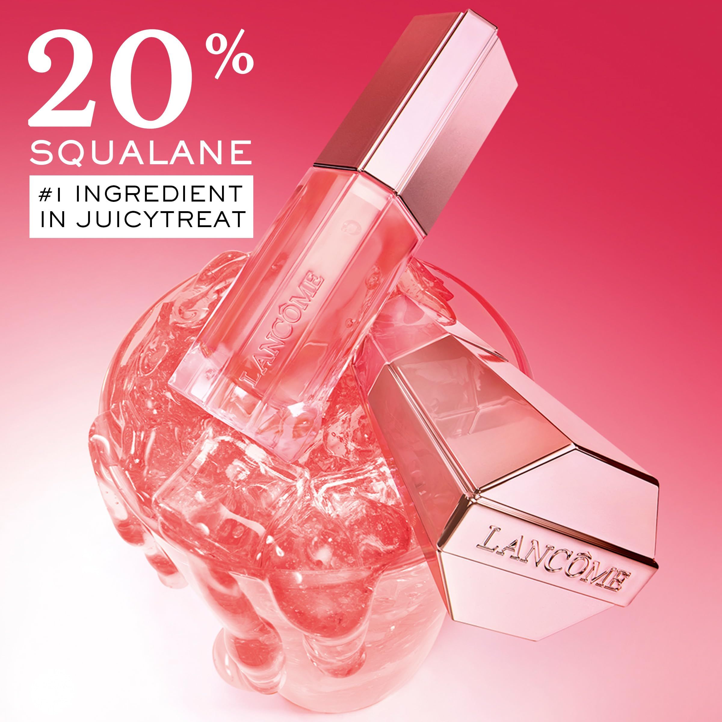 Due flaconi di trattamento labbra sul ghiaccio. Testo: 20% Squalane, #1 Ingredient in Juicytreat. Marchio: Lancôme.