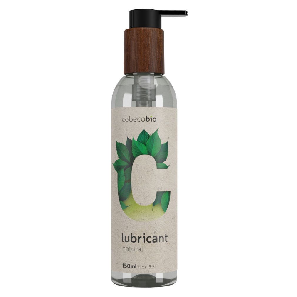 Flacone trasparente con tappo in legno marrone e pompetta nera. Etichetta con motivo a foglie verdi e scritta "lubricant natural".