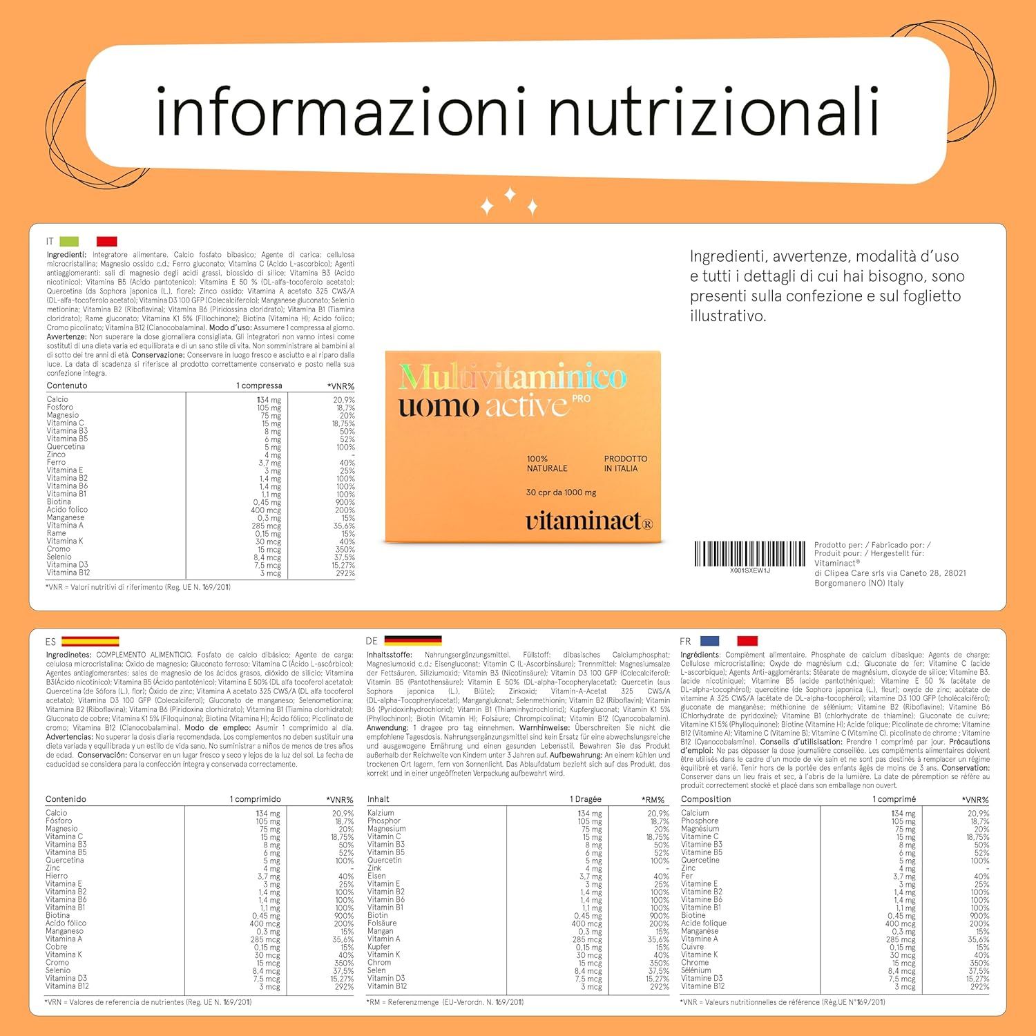 Tabella informativa nutrizionale. Contiene informazioni in diverse lingue, incluso 'Multivitaminico uomo active PRO'.