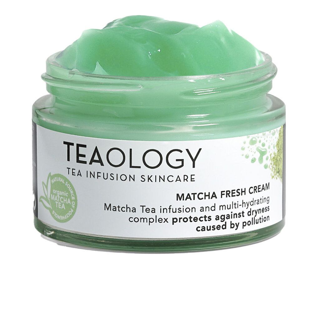 Vasetto di vetro con crema verde. Scritta: Teaology Tea Infusion Skincare Matcha Fresh Cream.