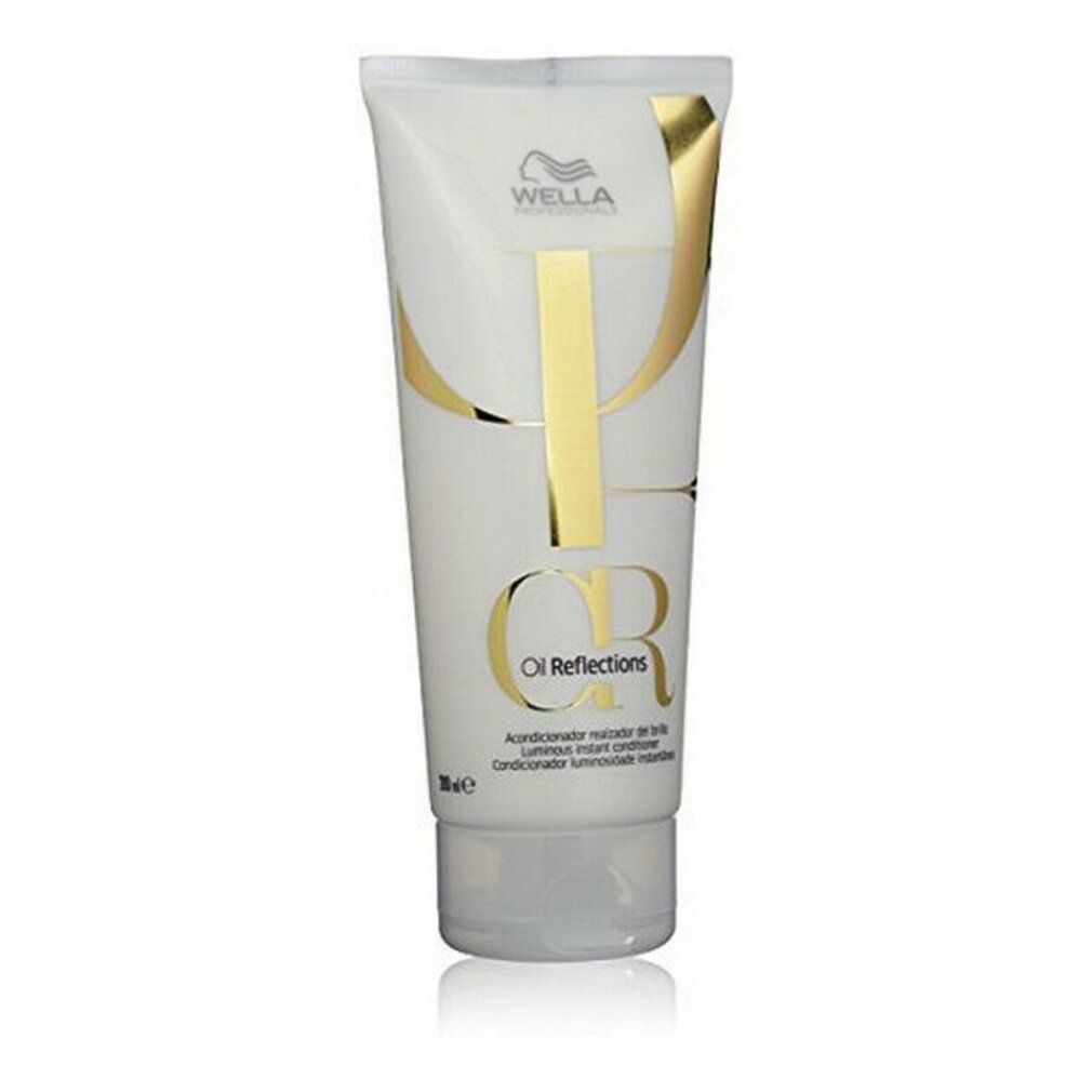 Tubo bianco con scritta dorata. Scritta: Wella Oil Reflections Luminous Instant Conditioner. Confezione del prodotto.