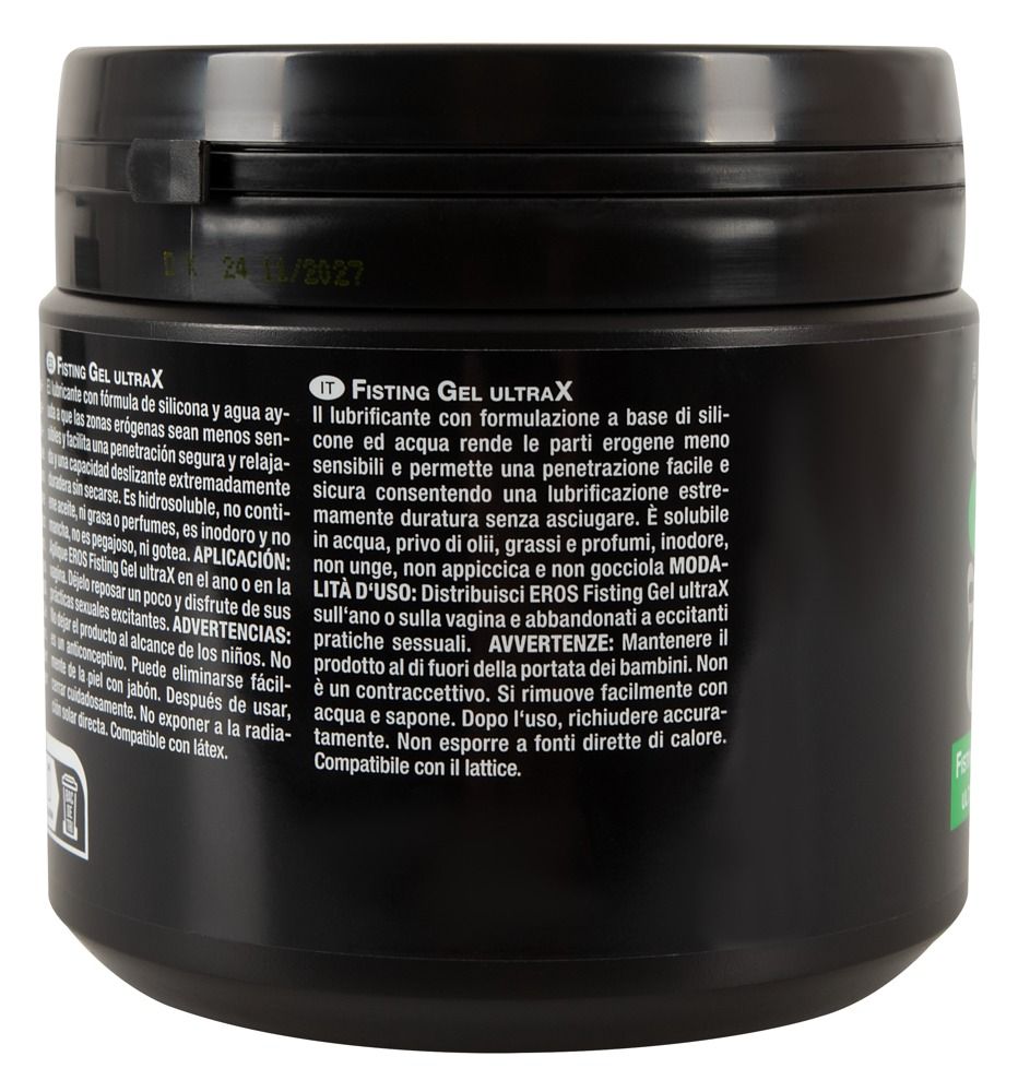 Contenitore nero con scritta EROS Ultra X Fisting Gel e marchio CE.