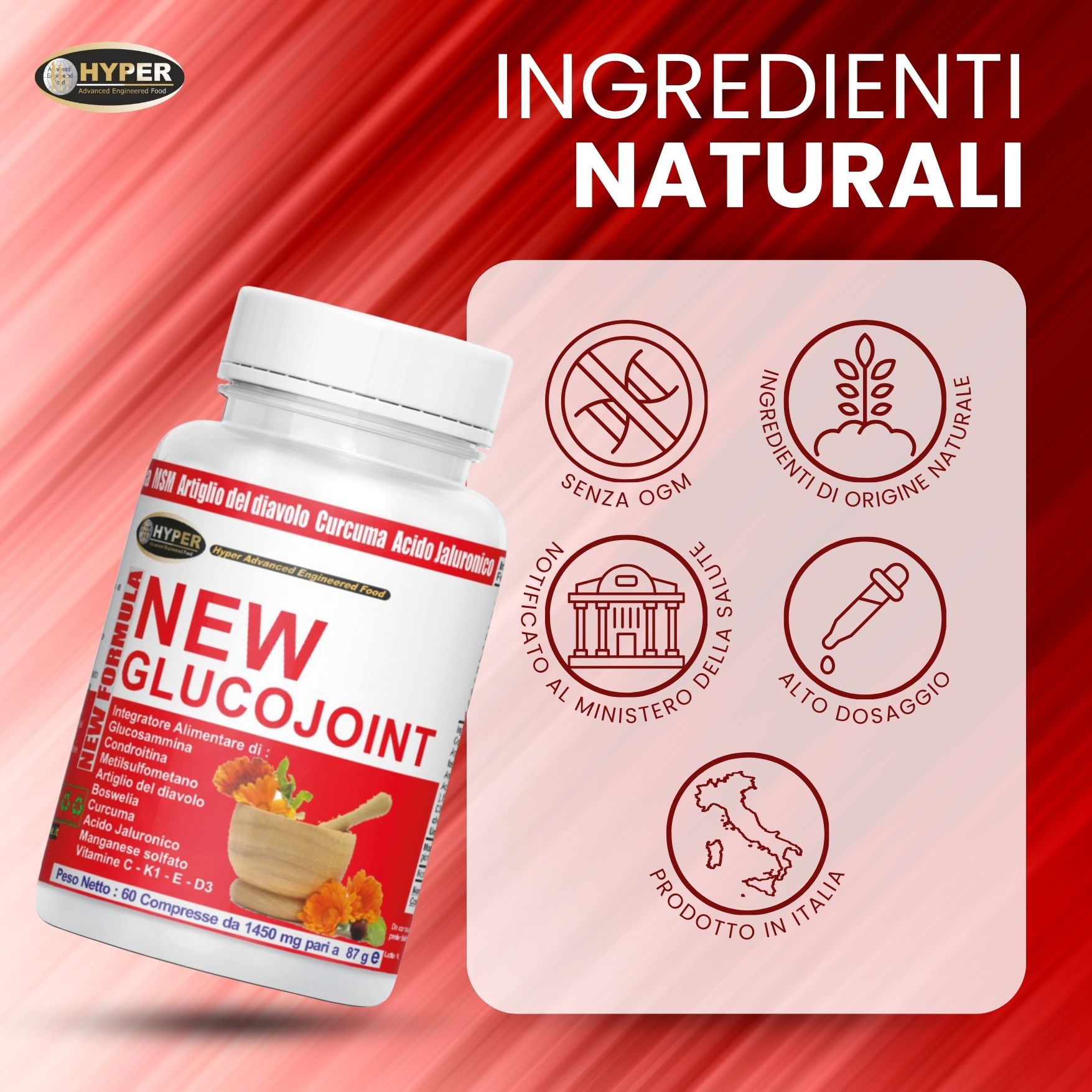 Flacone bianco con etichetta. Testo: NEW GLUCOJOINT. Simboli: Senza OGM, ingredienti naturali, alto dosaggio, prodotto in Italia.