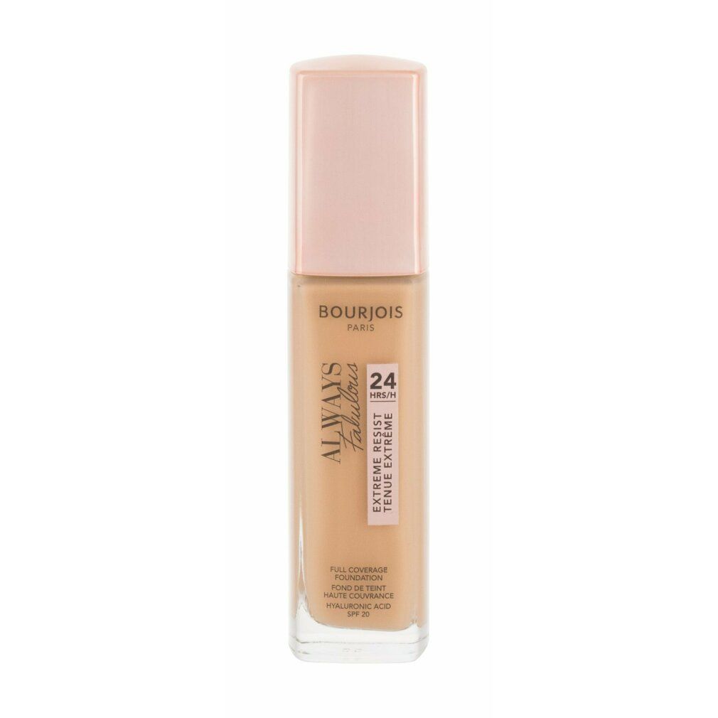 Fondotinta Bourjois Always Fabulous. Flacone con tappo rosa chiaro. Testo: 24H, SPF 20.